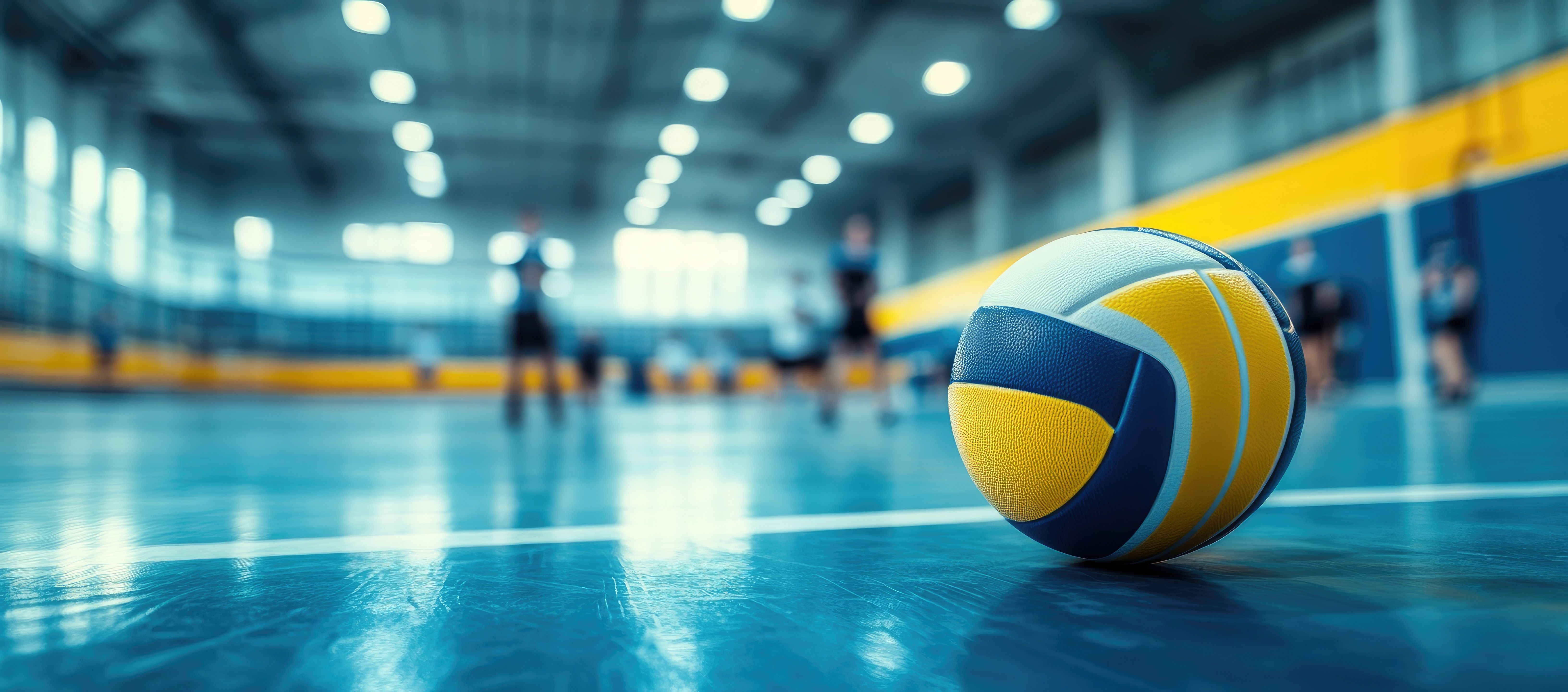 Blue and Yellow Volleyball on Indoor Court