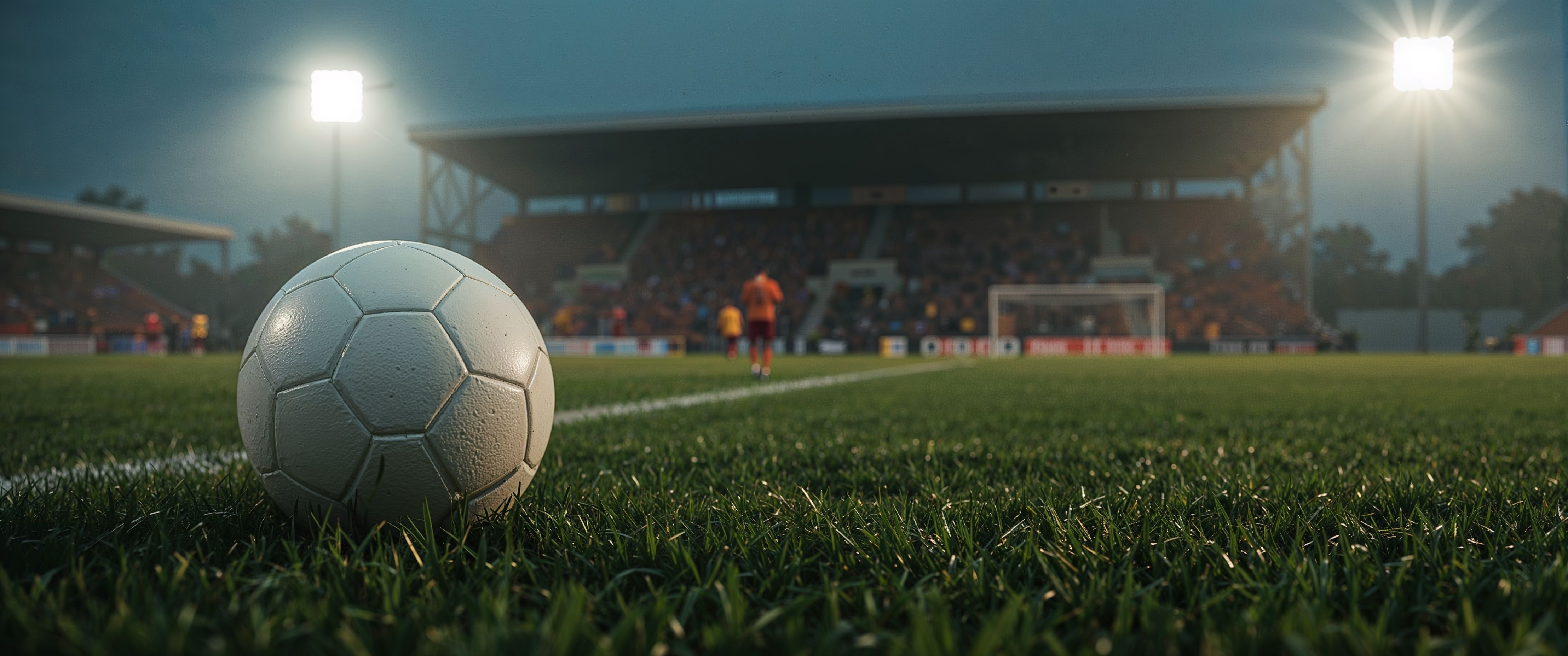 Soccer ball on field in front of full stadium at night.