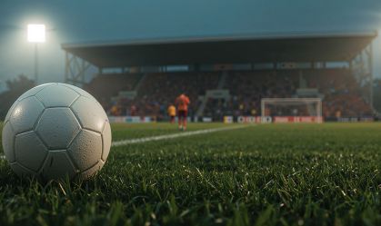 Soccer ball on field in front of full stadium at night.