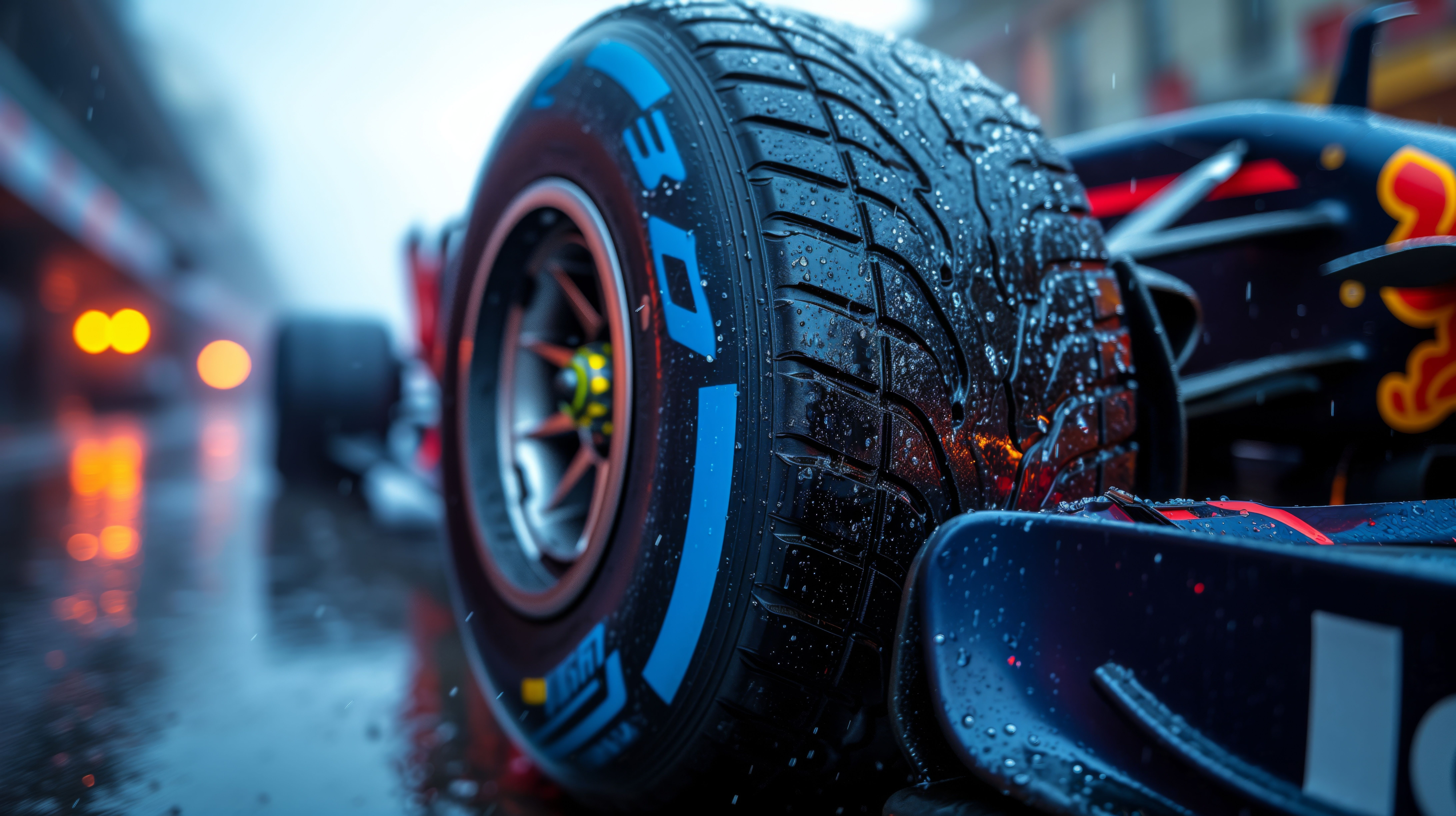 Formula 1 car close up of the front tire - Generative AI