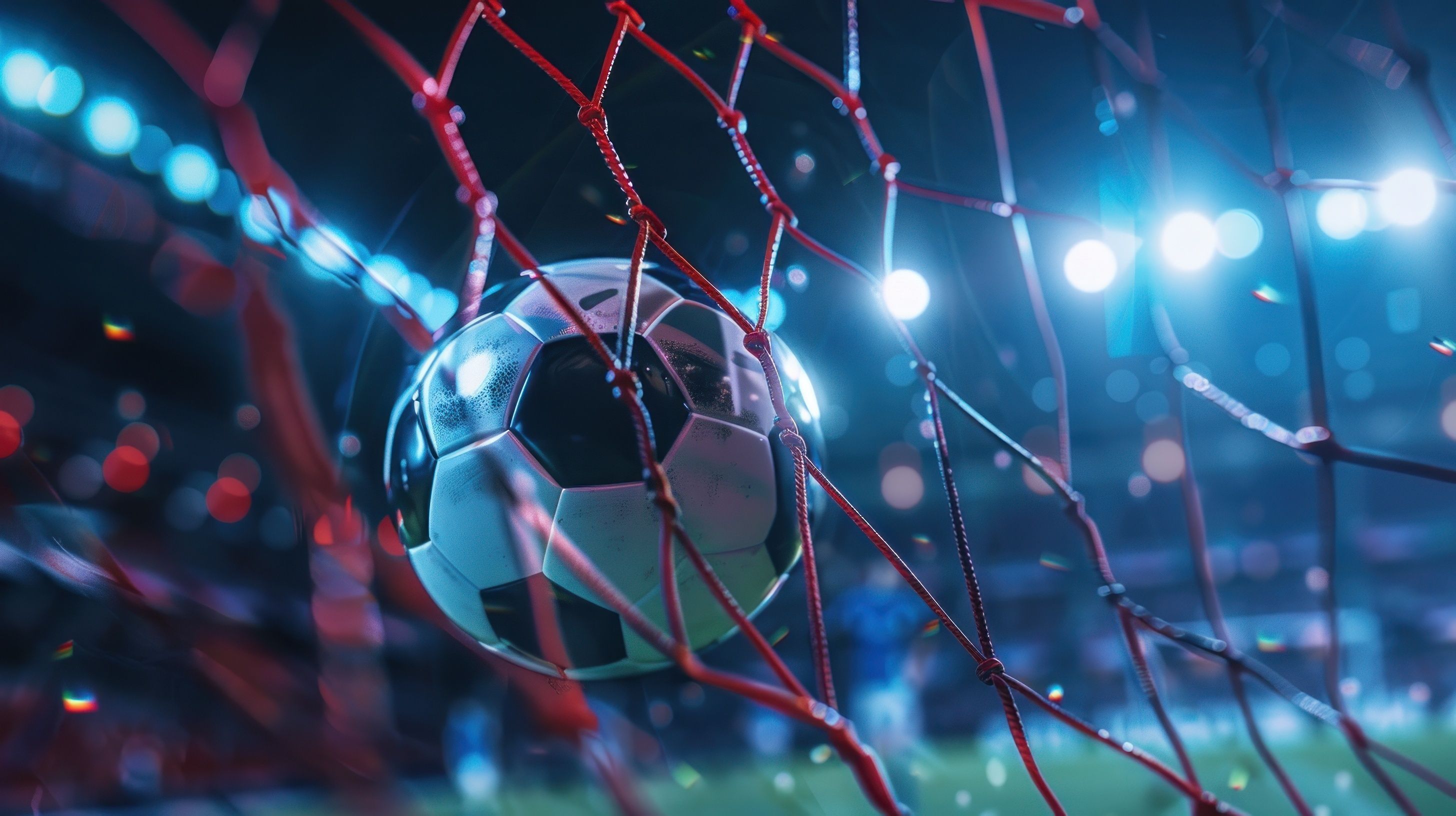 Soccer ball caught in net under stadium lights