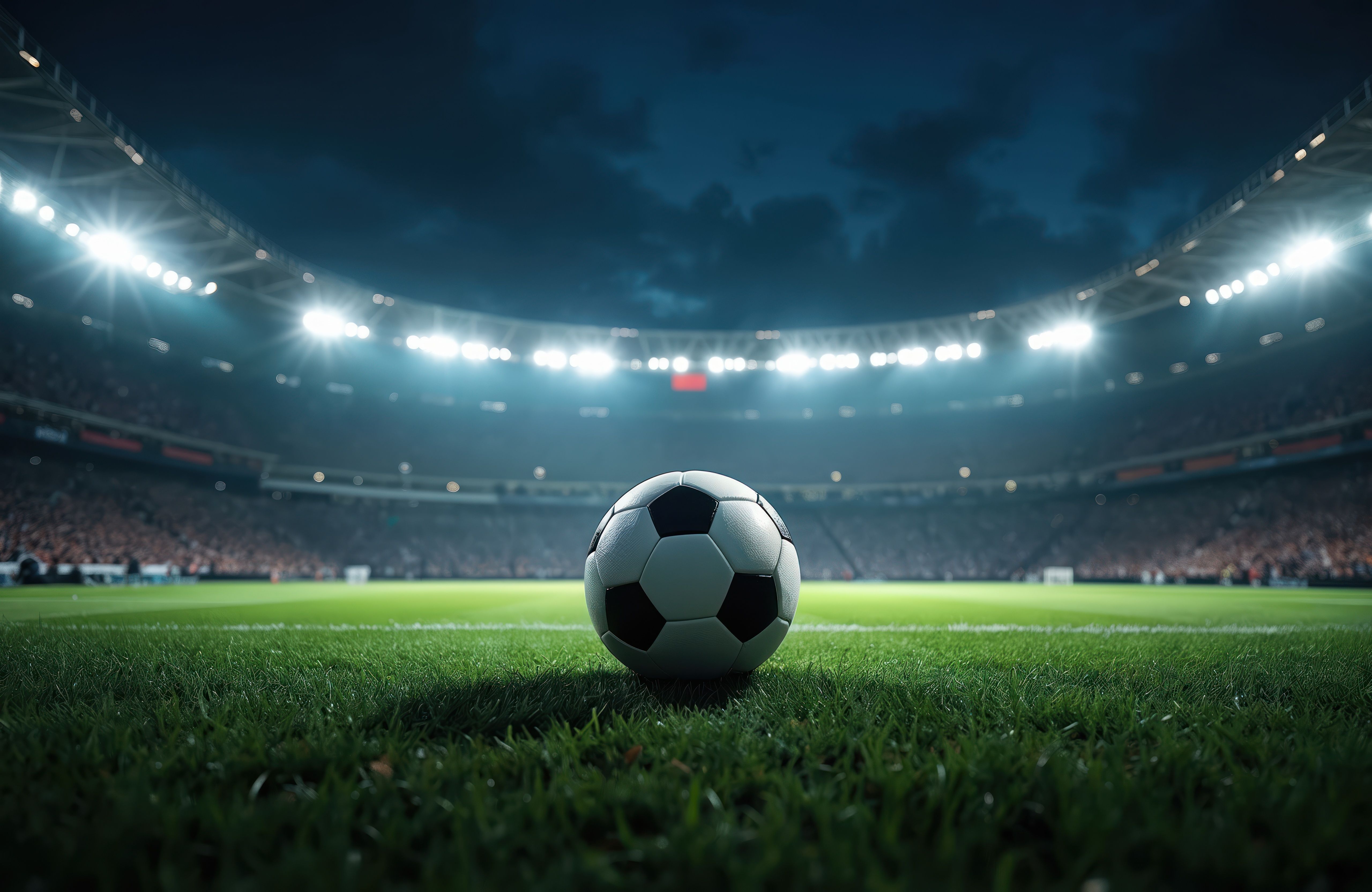 Soccer ball on field in illuminated stadium at night. Football match in arena with green grass. Spotlights shine during championship competition. Game, team play under dark sky.