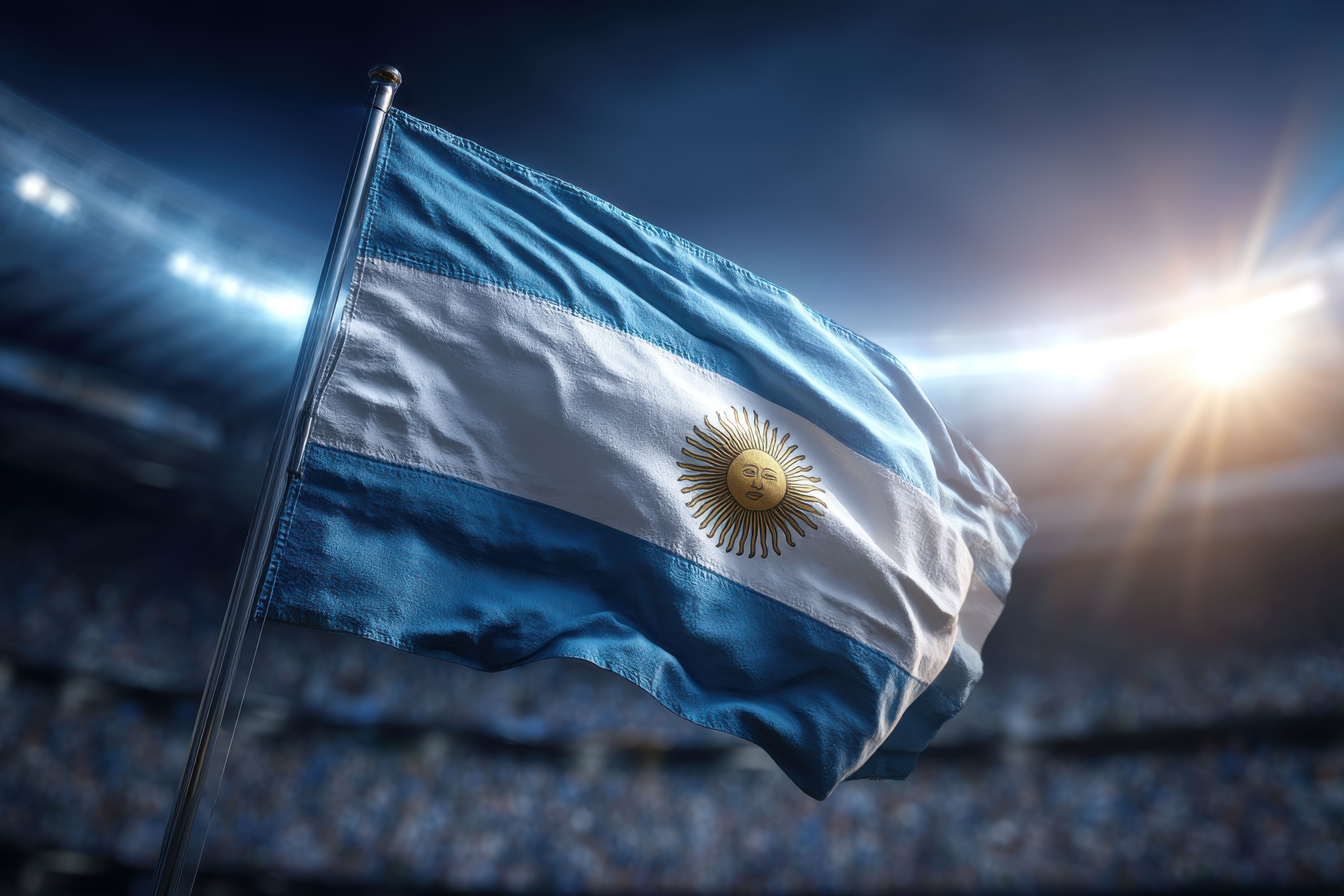 Close-up shot of the Argentinian flag waving proudly in a stadium filled with cheering fans, bathed in the warm glow of stadium lights, evoking national pride.
