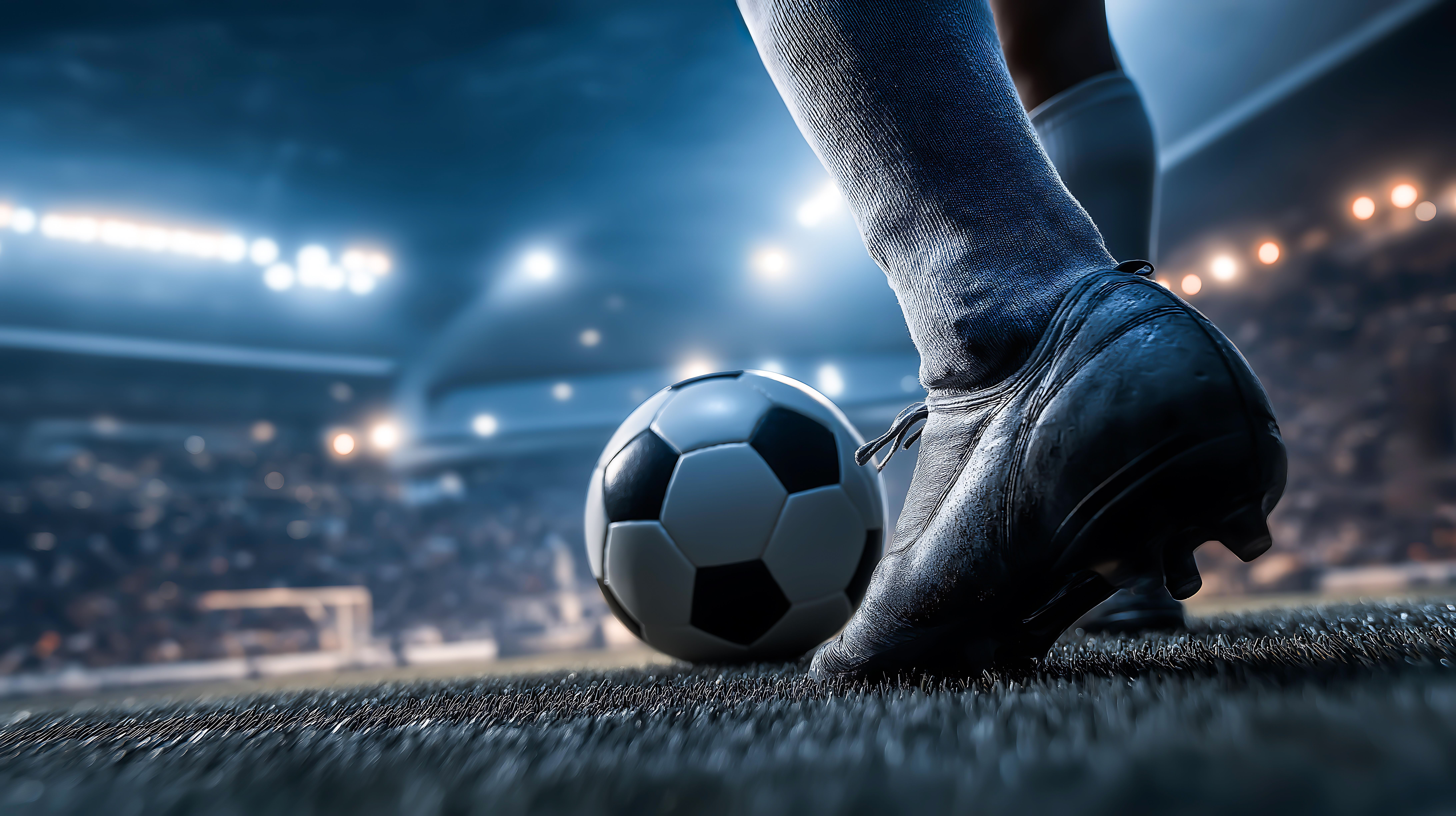 Close up feet of soccer player tread on soccer ball for kick off in the stadium on background. Foot kicking soccer ball, Sport, Achievements, Success concept