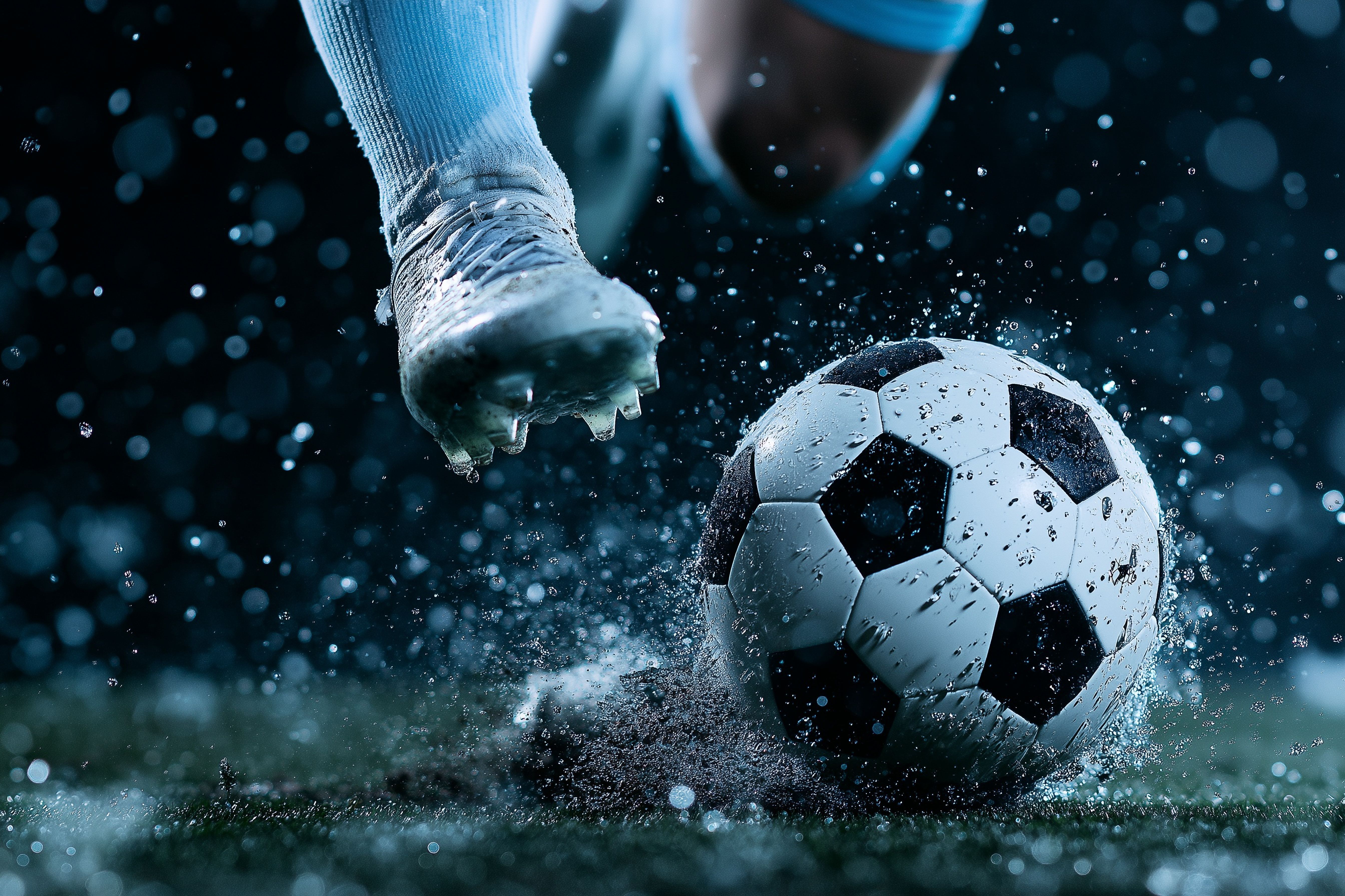 A soccer ball is kicked on a wet field