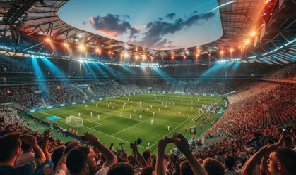 A stadium full of people watching a soccer game. soccer tournament