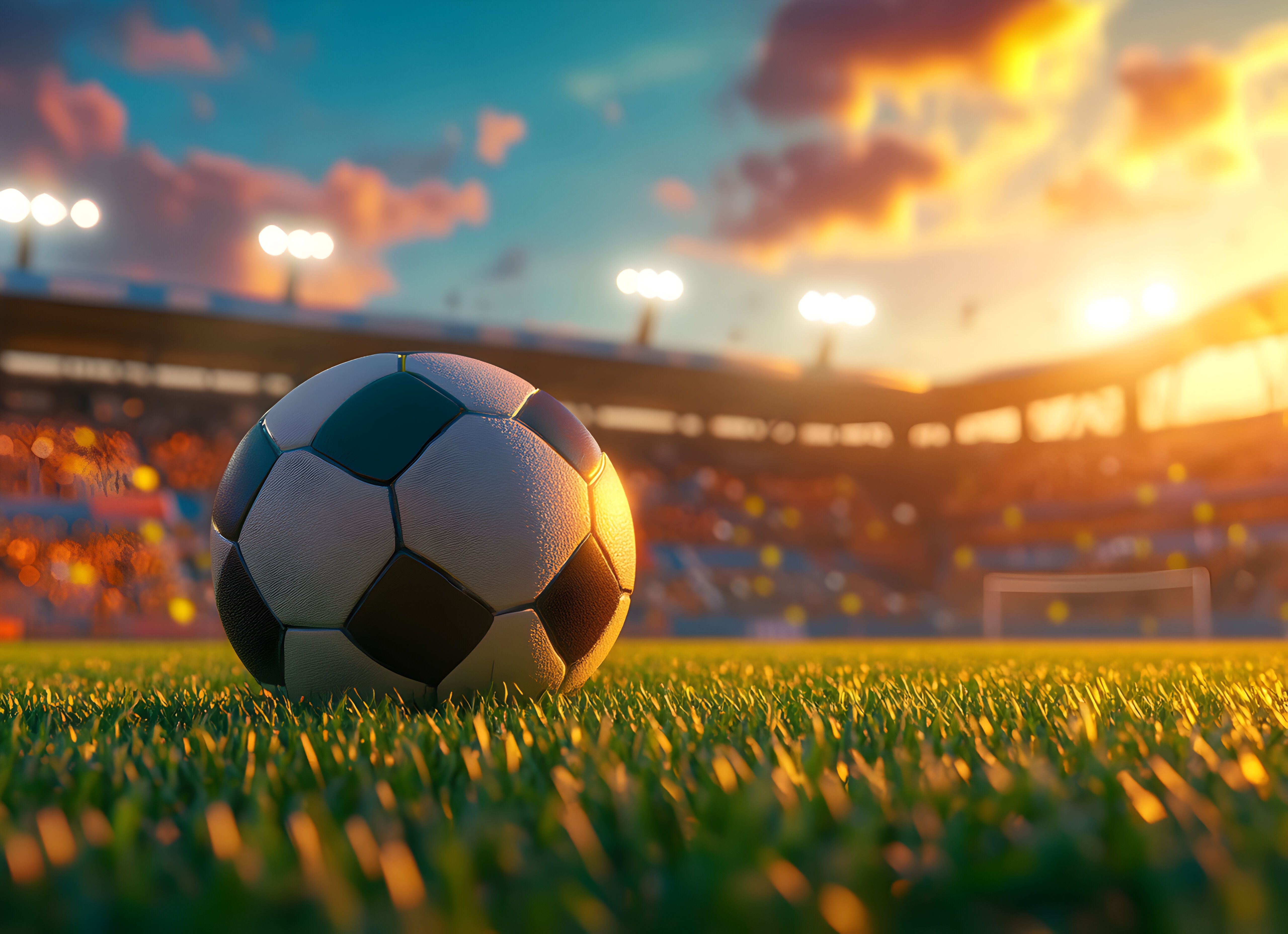 Illuminated soccer ball resting on a vibrant green field, set against the backdrop of a packed stadium under a picturesque sunset sky