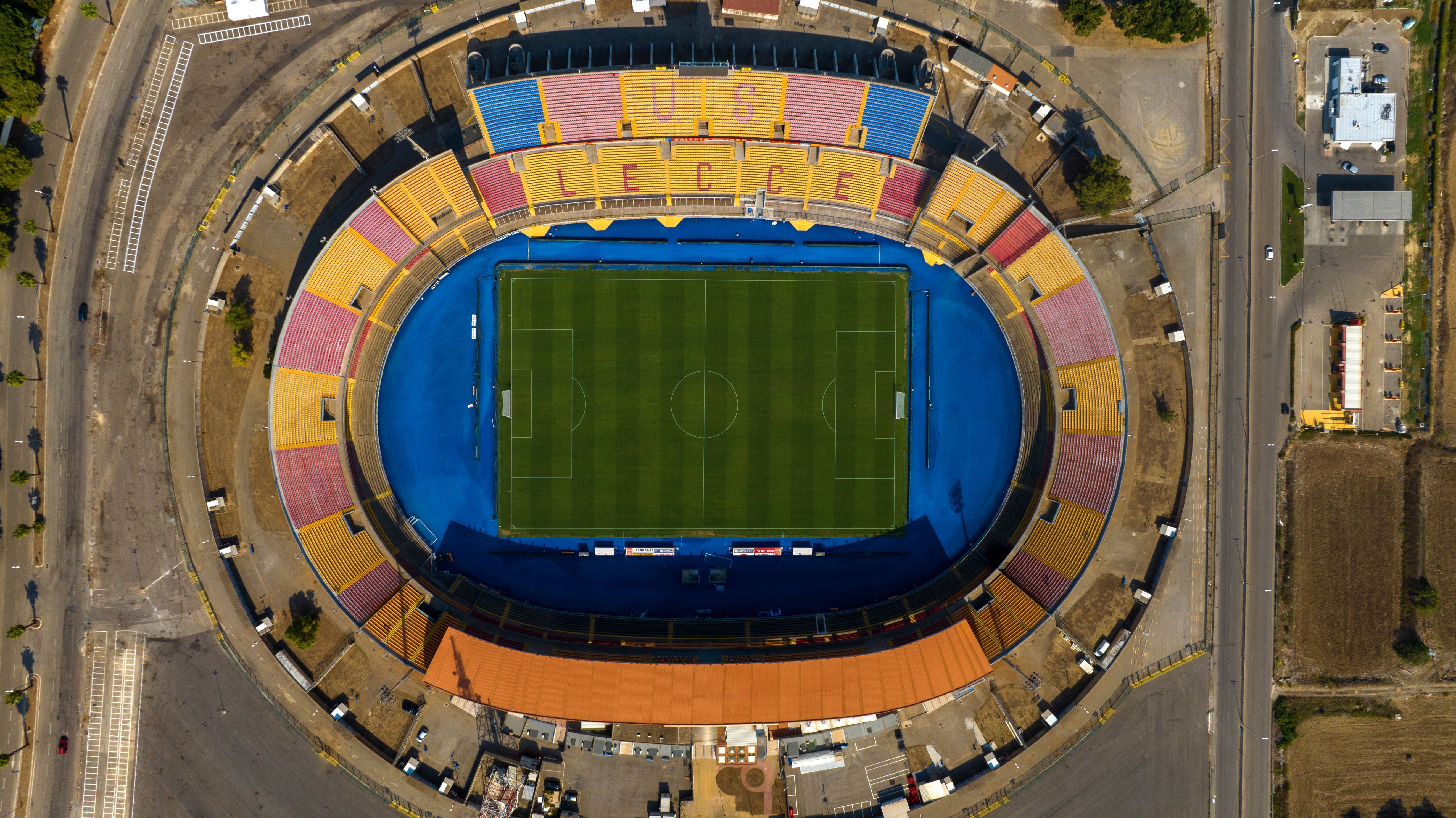 Lecce, Italy - September, 2024: Aerial zenithal view of the Ettore Giardiniero stadium, known as Via del mare. It is a sports facility in the city and hosts the home games of the Unione Sportiva Lecce