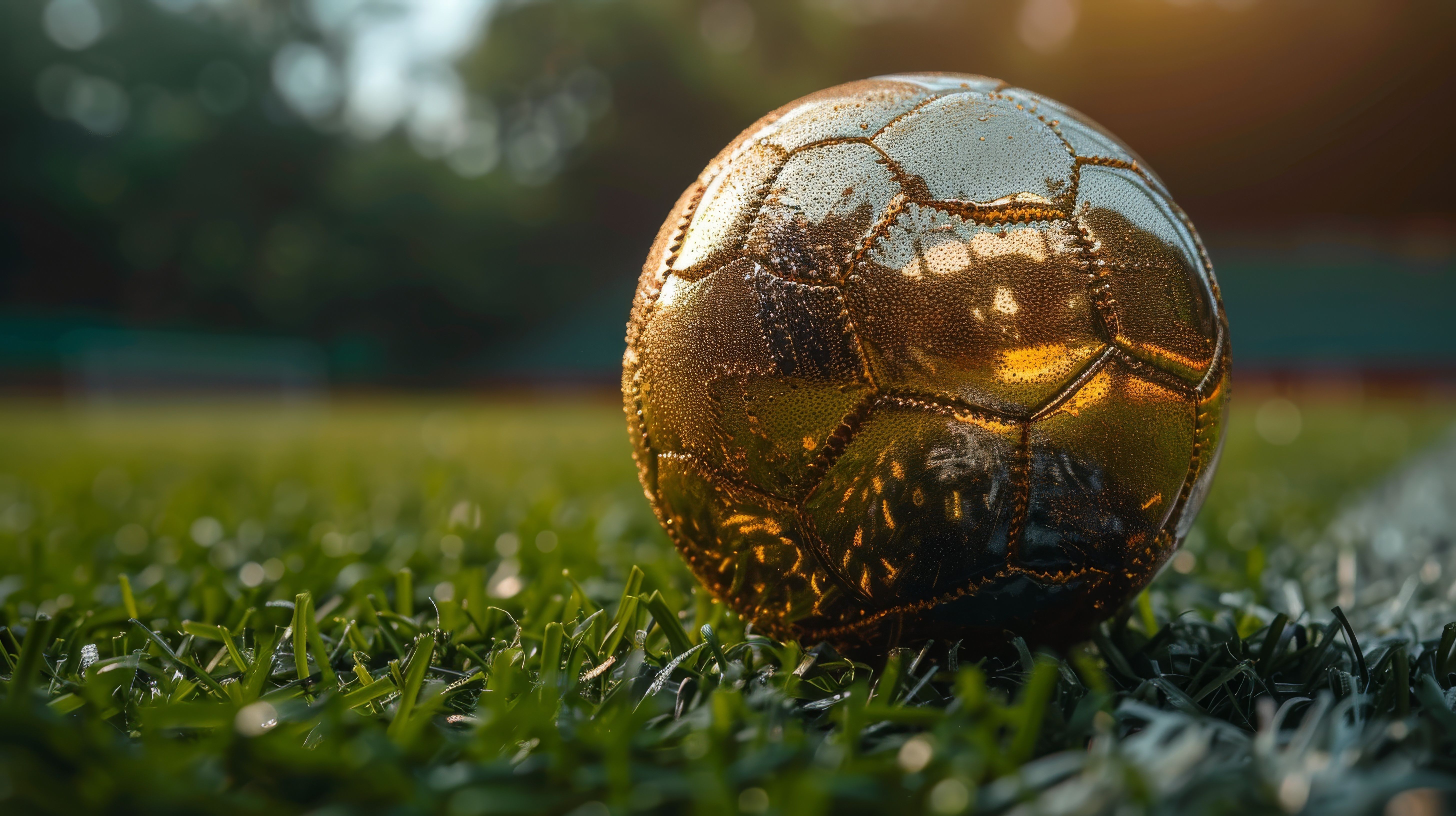 A close-up view of a golden soccer ball resting on a vibrant green field, illuminated by the warm glow of the setting sun in the background, creating a majestic scene.