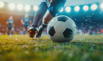 Dynamic shot of a soccer player about to kick the ball on a well-lit stadium field during a match.