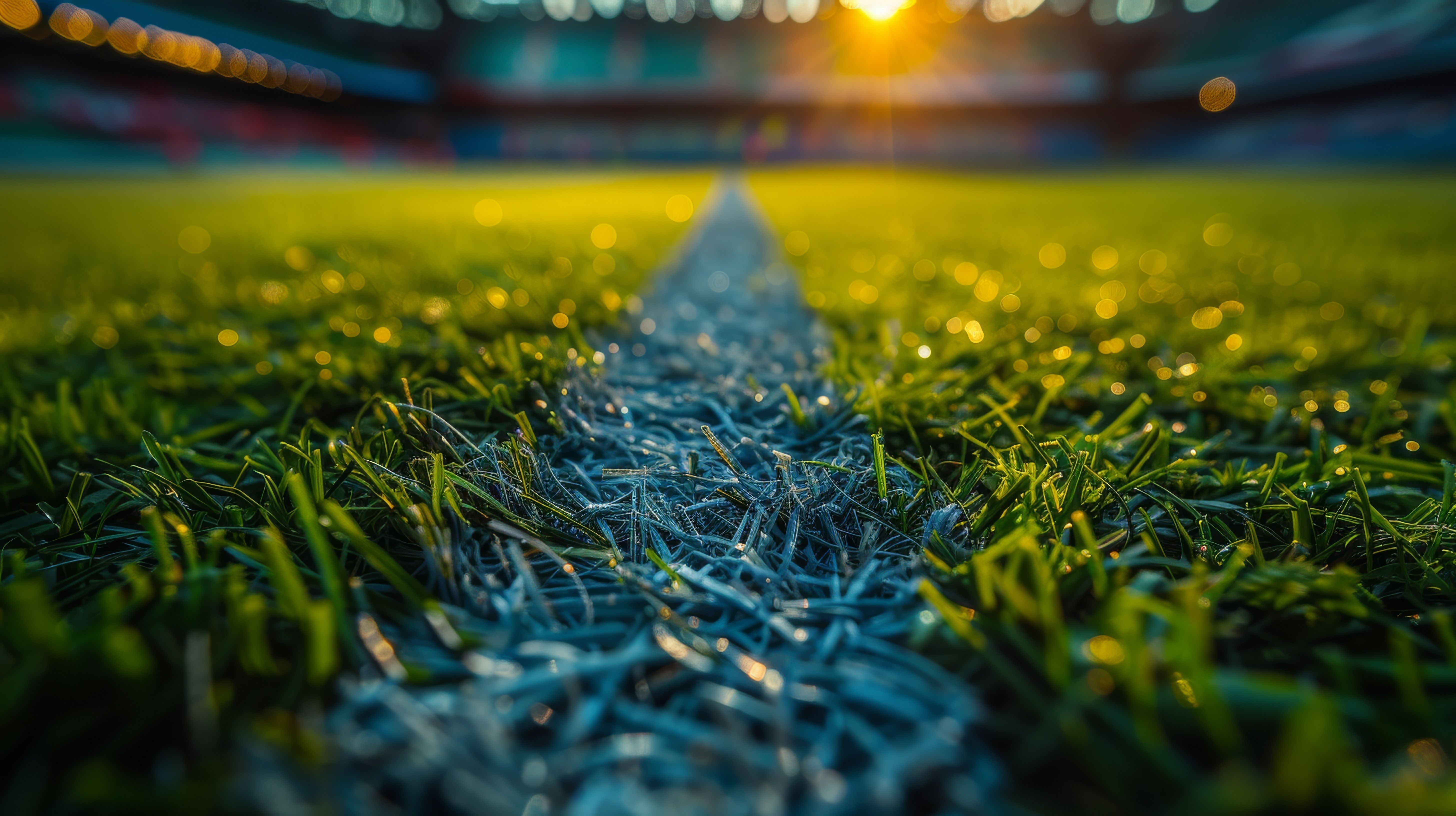 This vibrant close-up captures the dewy grass on a soccer field with a sunset glow in the background, emphasizing the beauty of nature and sportsmanship.