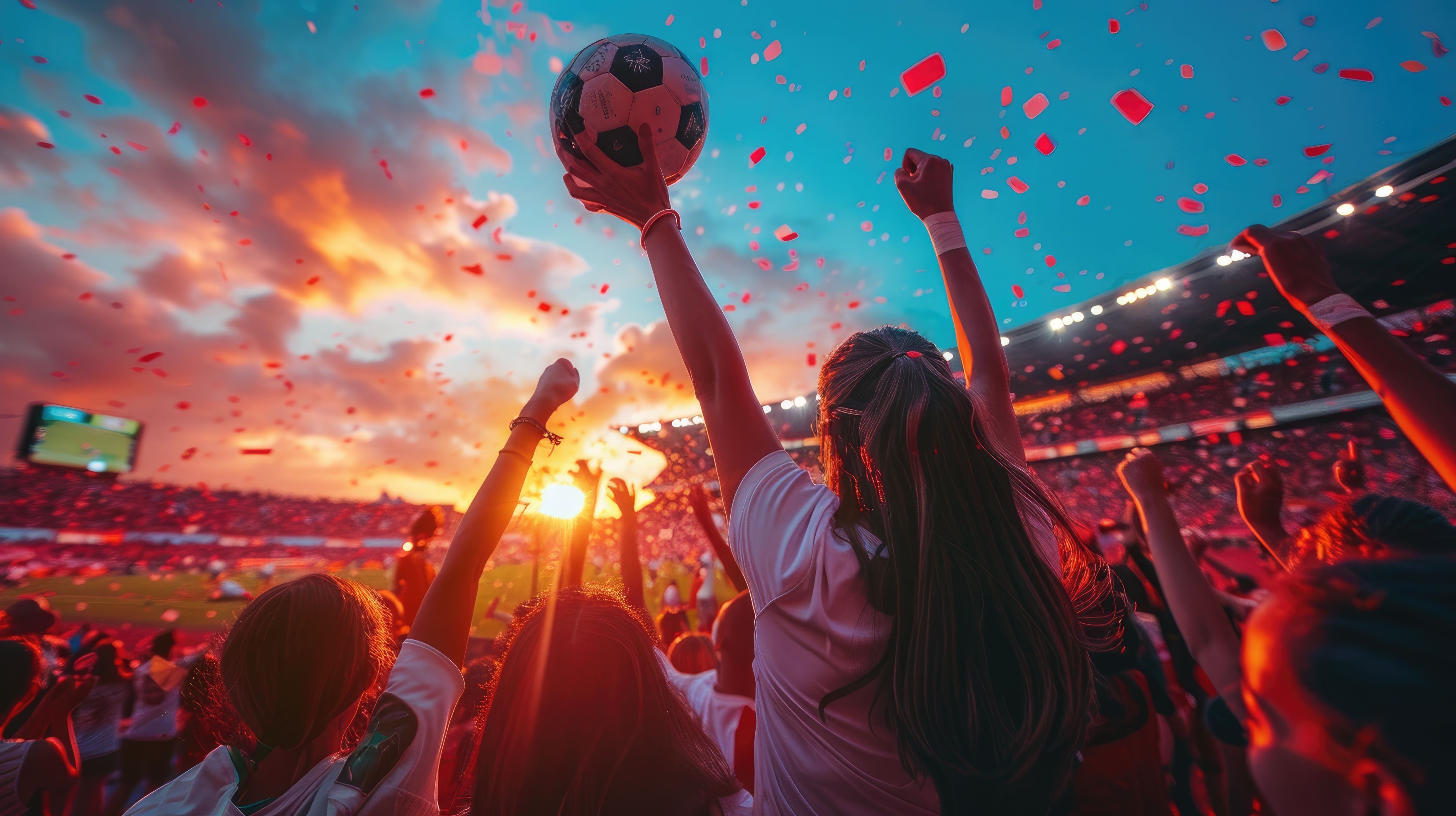 Excited crowd cheering in a stadium with confetti flying around.