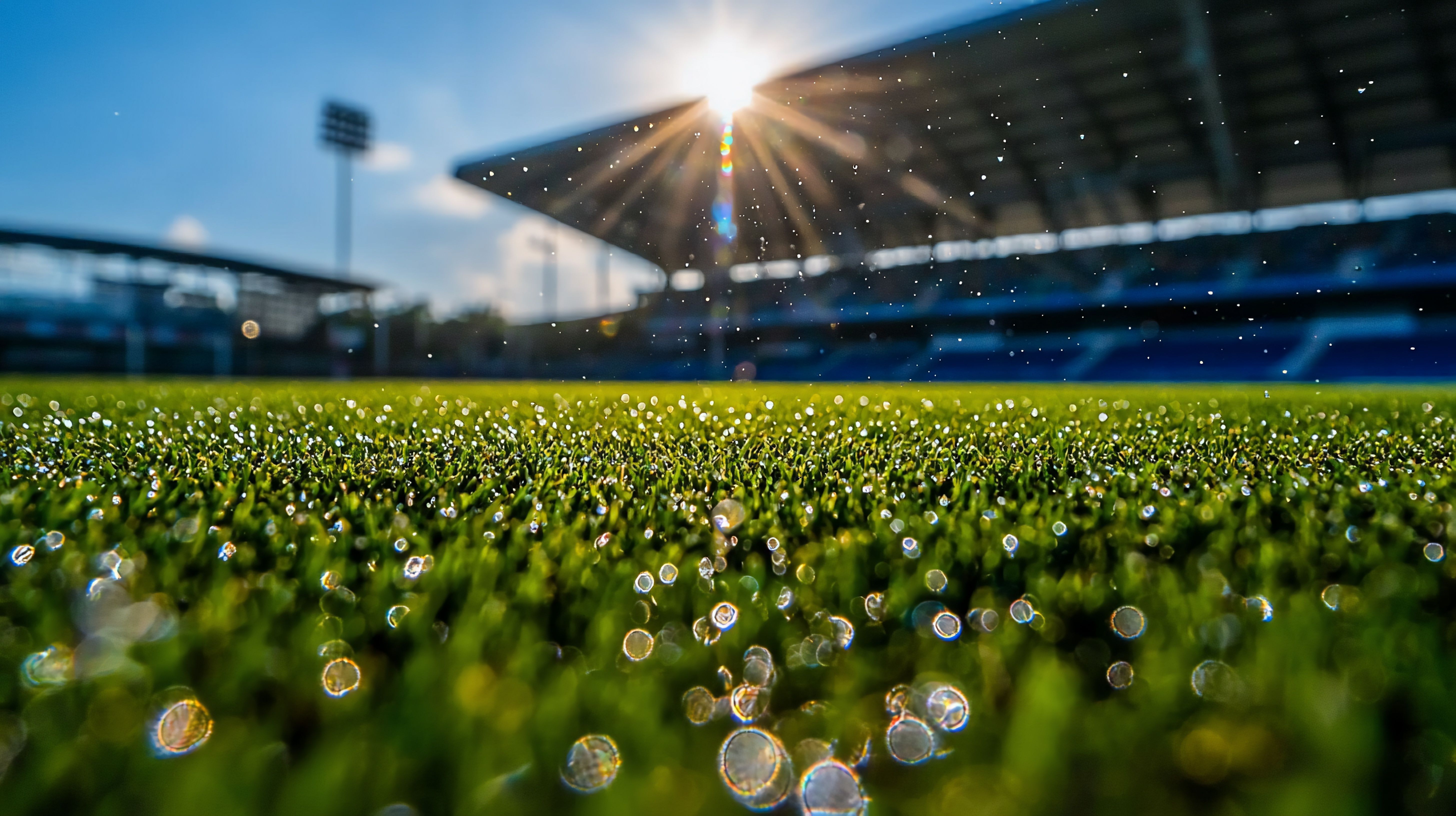 Dew-covered artificial turf close-up of a soccer stadium.