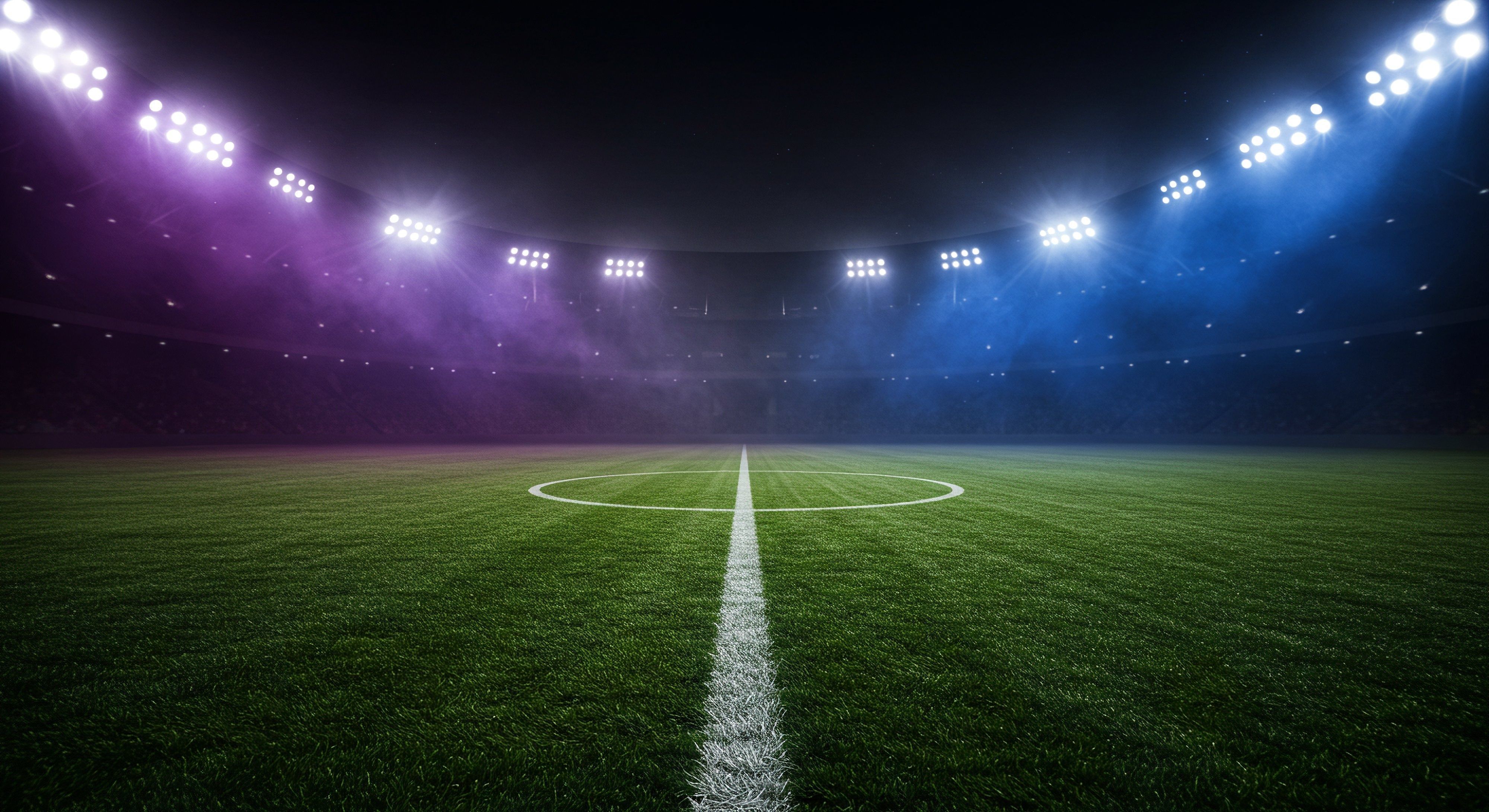 Empty soccer stadium field at night with bright stadium lights casting shadows for sports event and competition concept