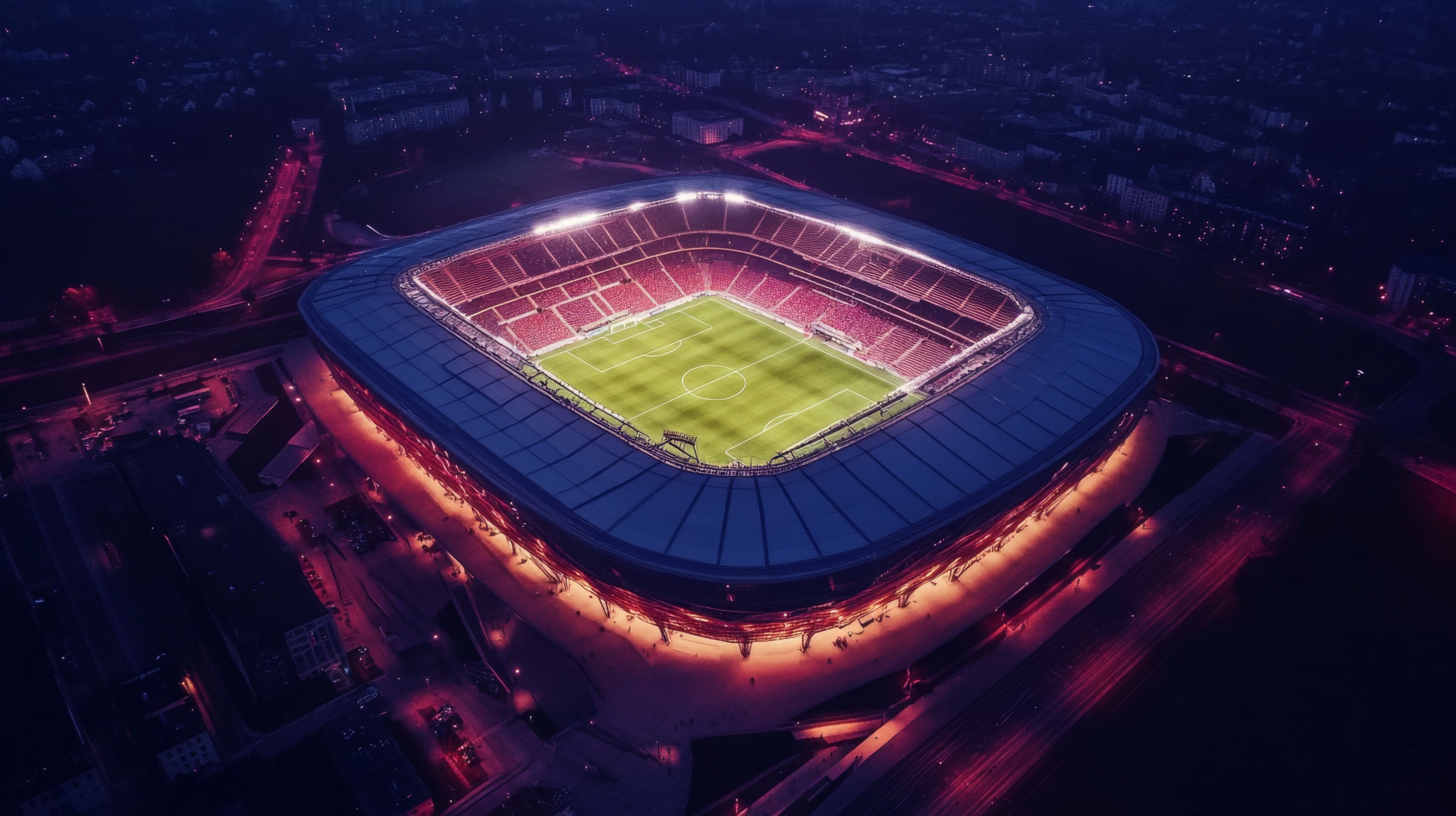 A breathtaking aerial view of the Allianz Arena in Munich, Germany at night. The stadium is illuminated with bright lights, creating a stunning contrast against the dark sky. The stadium is surrounded by a network of streets and buildings, creating a sense of urban life. This image symbolizes the beauty of modern architecture, the excitement of sporting events, and the power of human ingenuity.