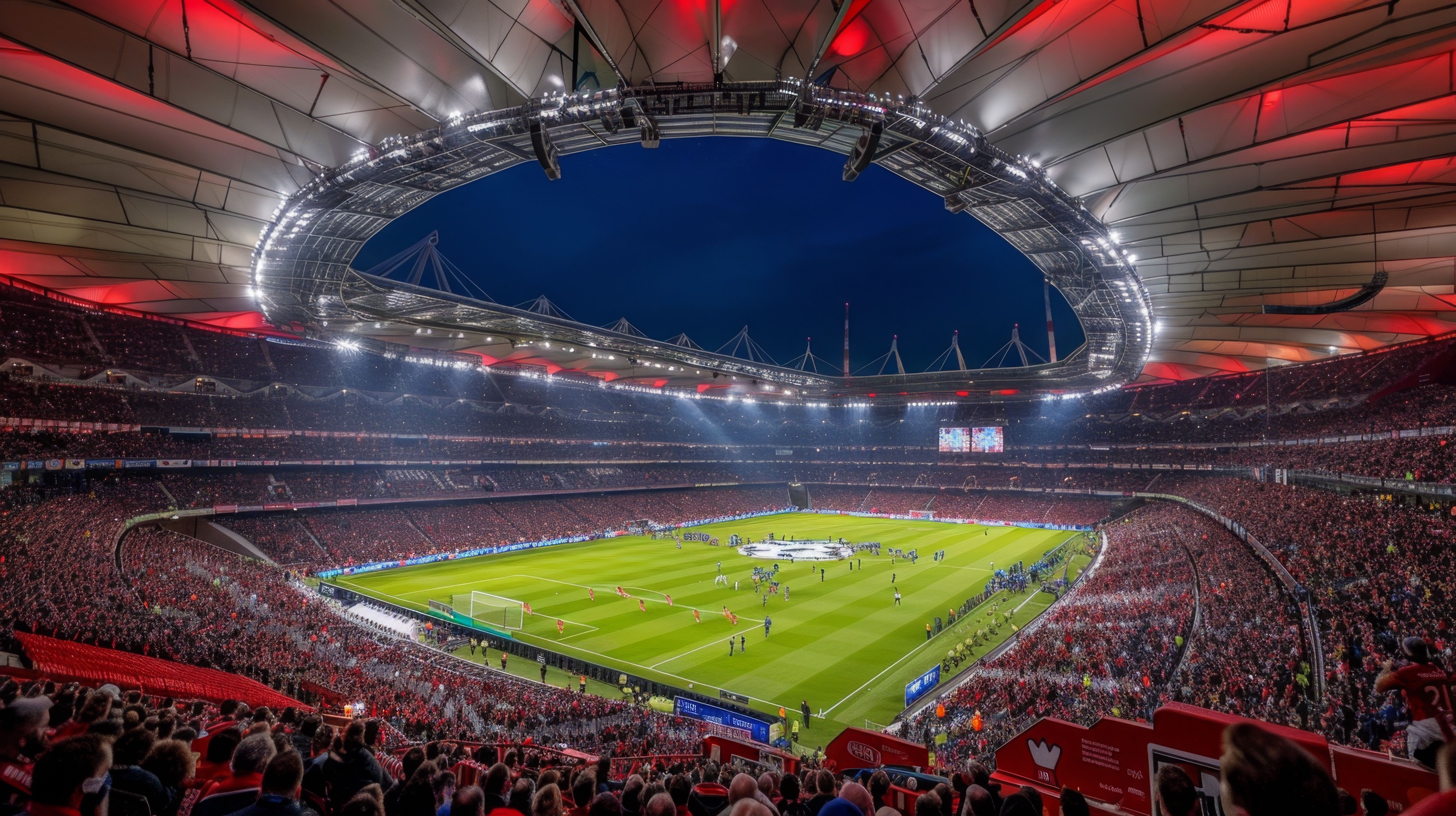 Breathtaking Night Aerial View of Munich's Allianz Arena During Euro 2024 Football Championship，Aerial photography of football stadium, wide angle, night, Euro 2024, World Cup, Germany, Munich Allianz