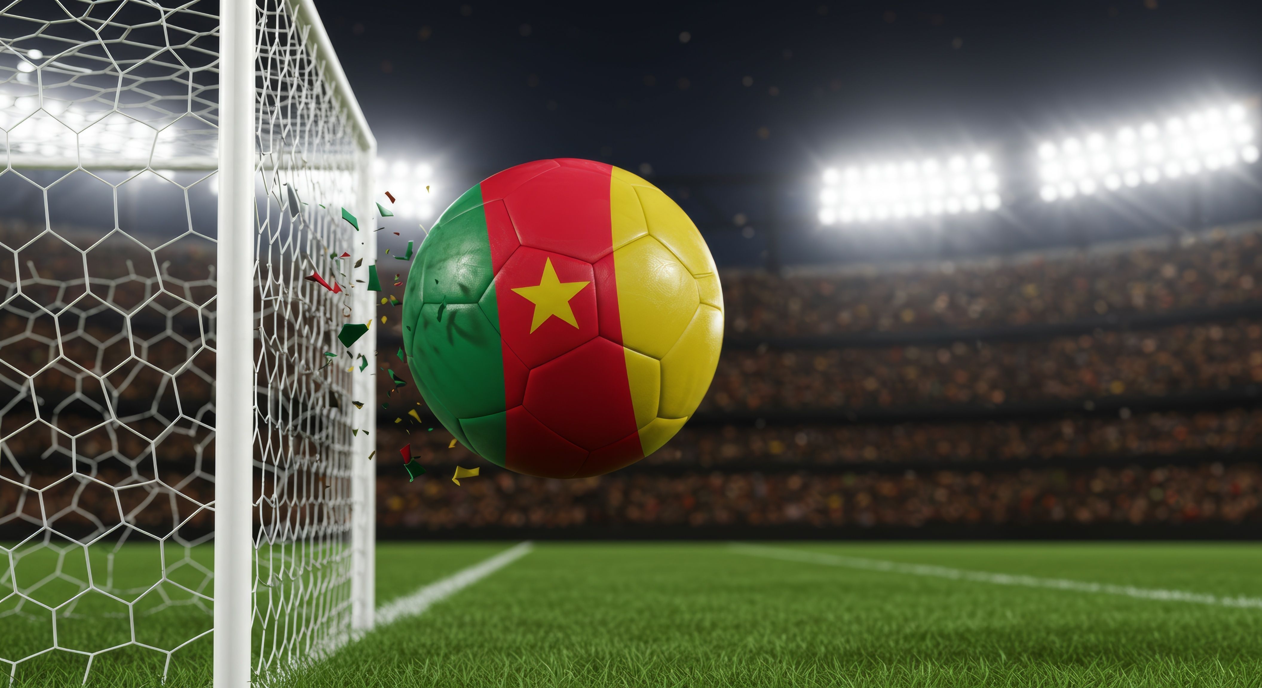 Cameroonian pride a soccer ball bursts through the net stadium lights ablaze