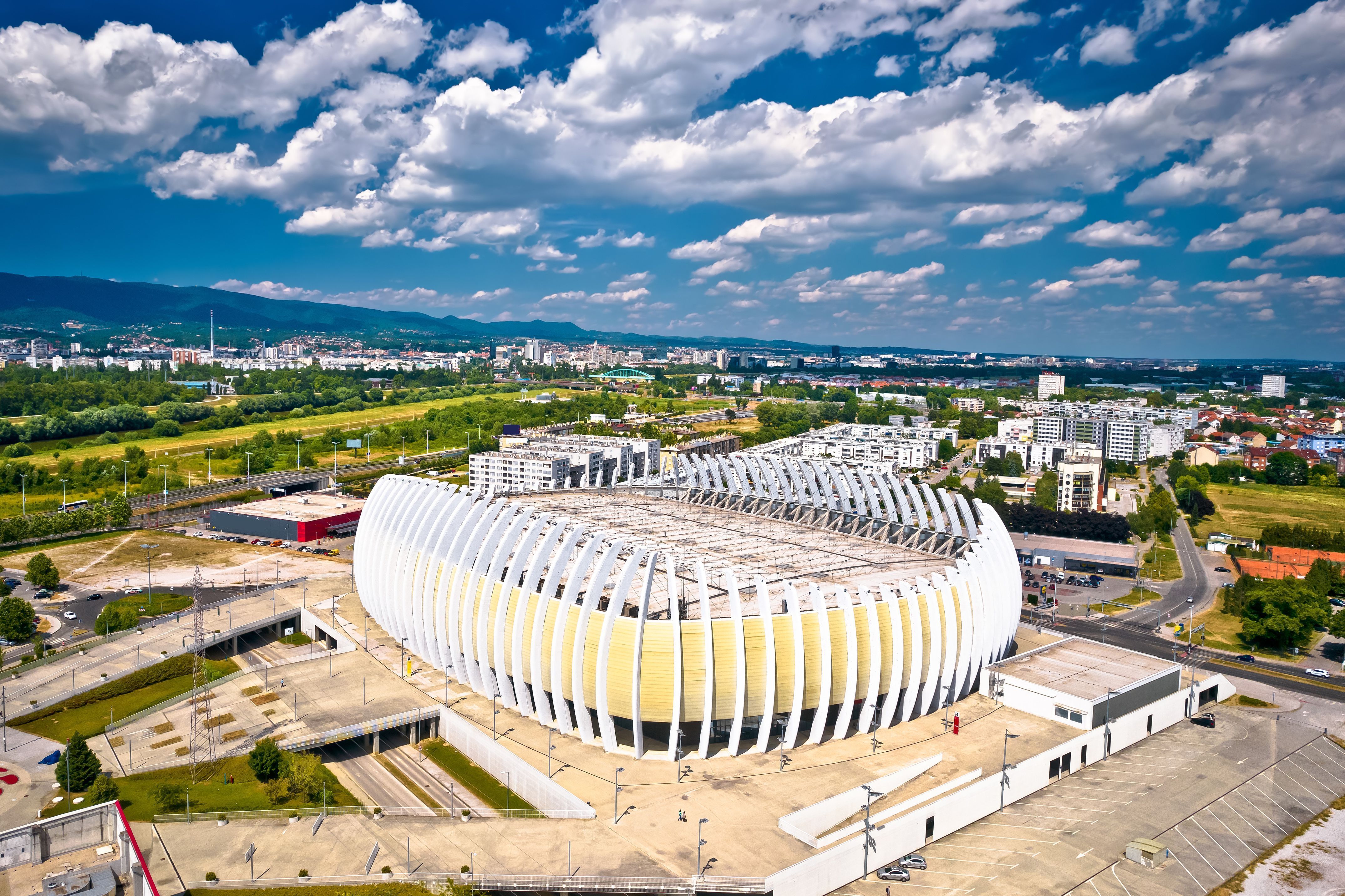 Zagreb. Aerial view of Novi Zagreb and Arena sports hall