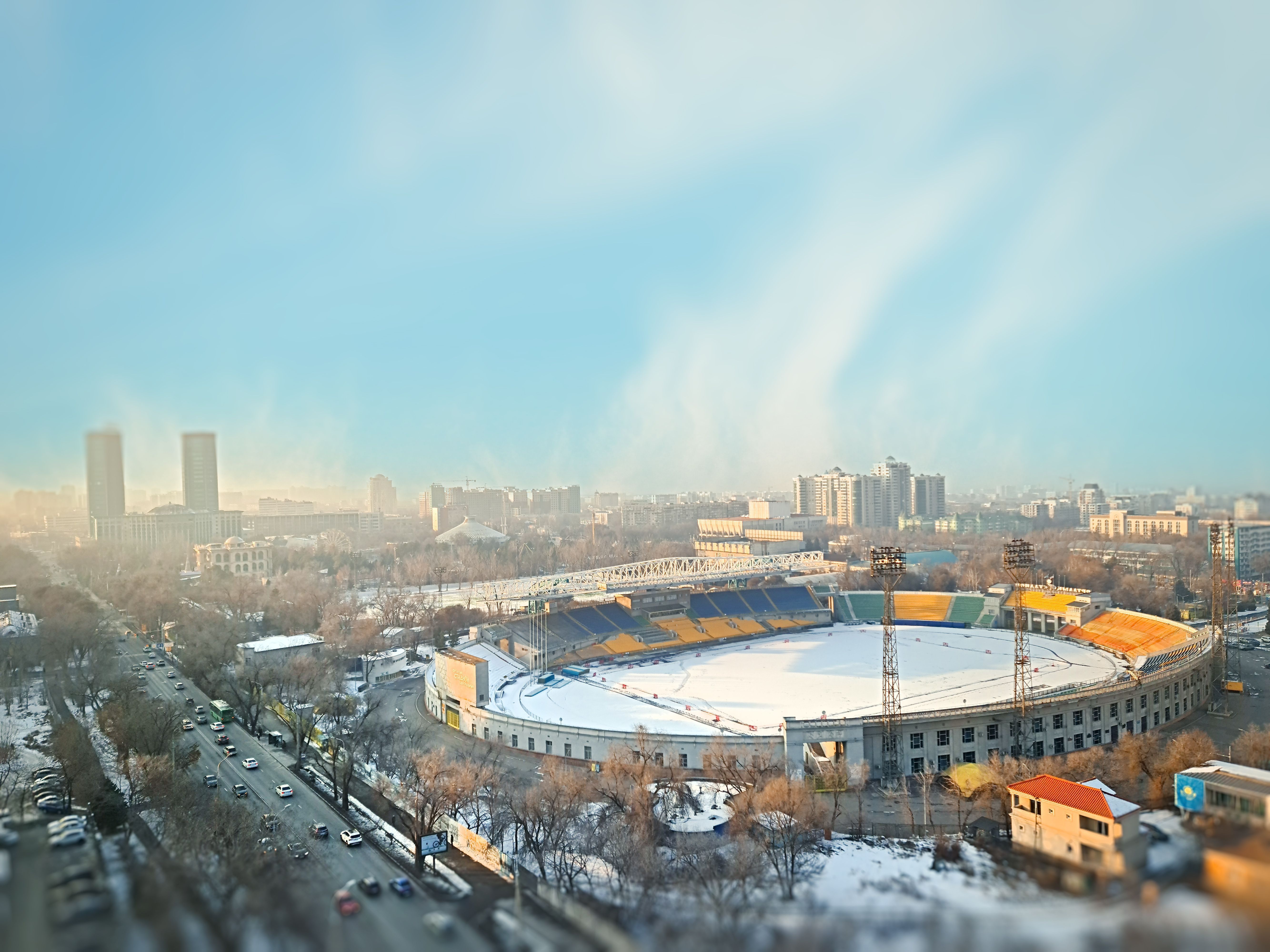 Aerial view of the central stadium of the city and the nearby area of Almaty