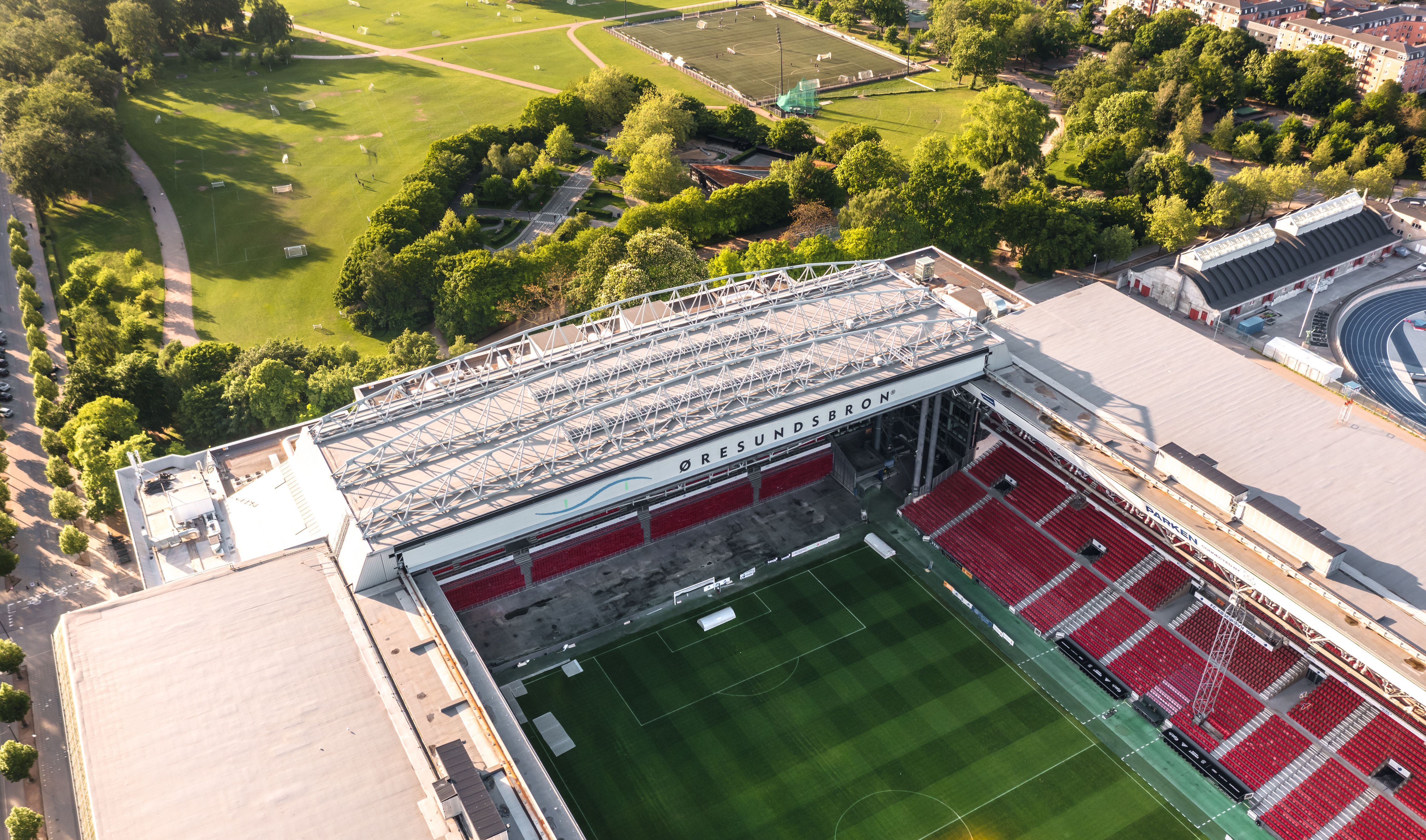 Aerial view of Parken Stadium, home  for FC Copenhagen (Dan. FC København). Copenhagen, Denmark - May 2022