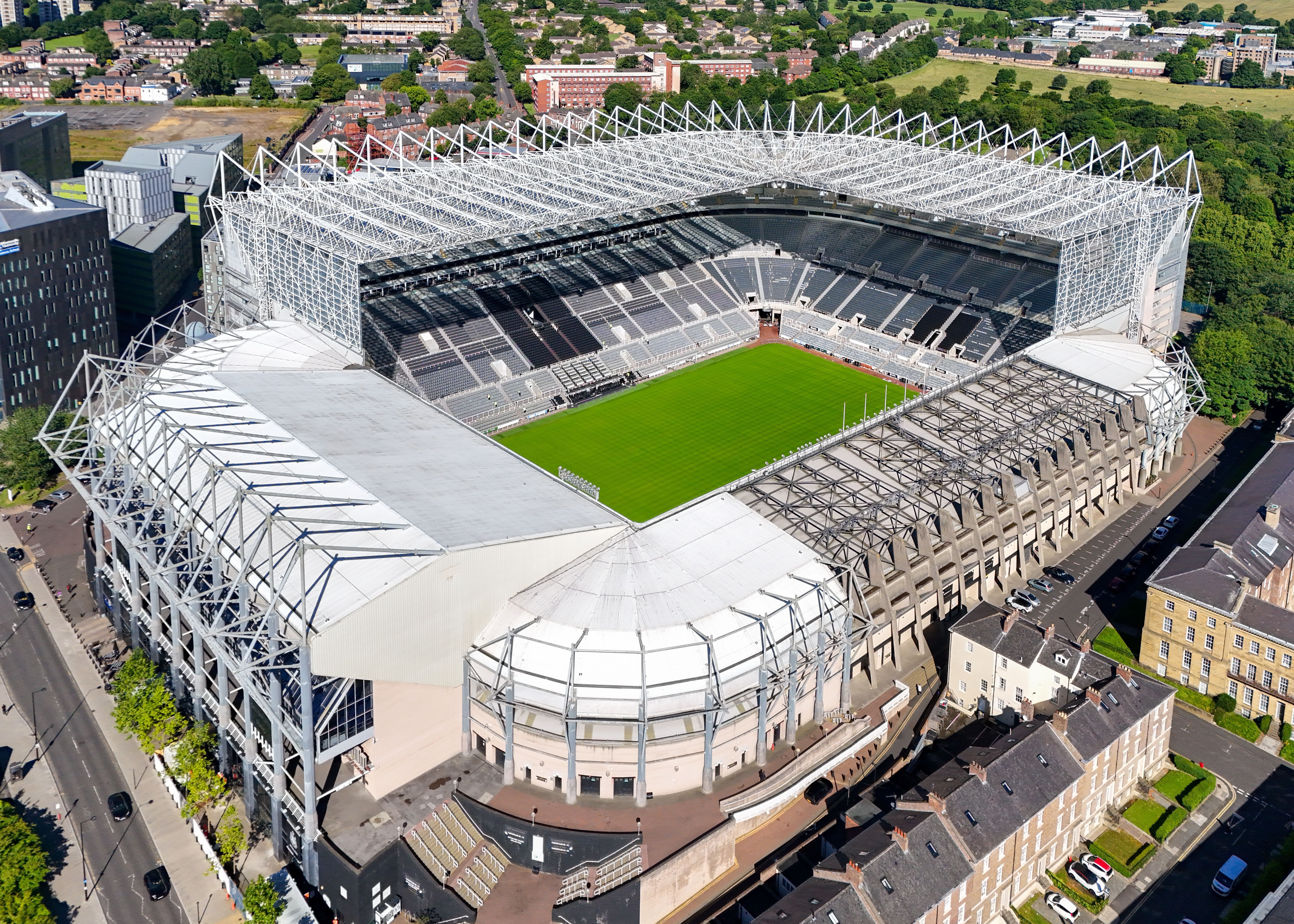 Aerial image of St James's Park Stadium the home of Newcastle United Football Club. 8th July 2024.