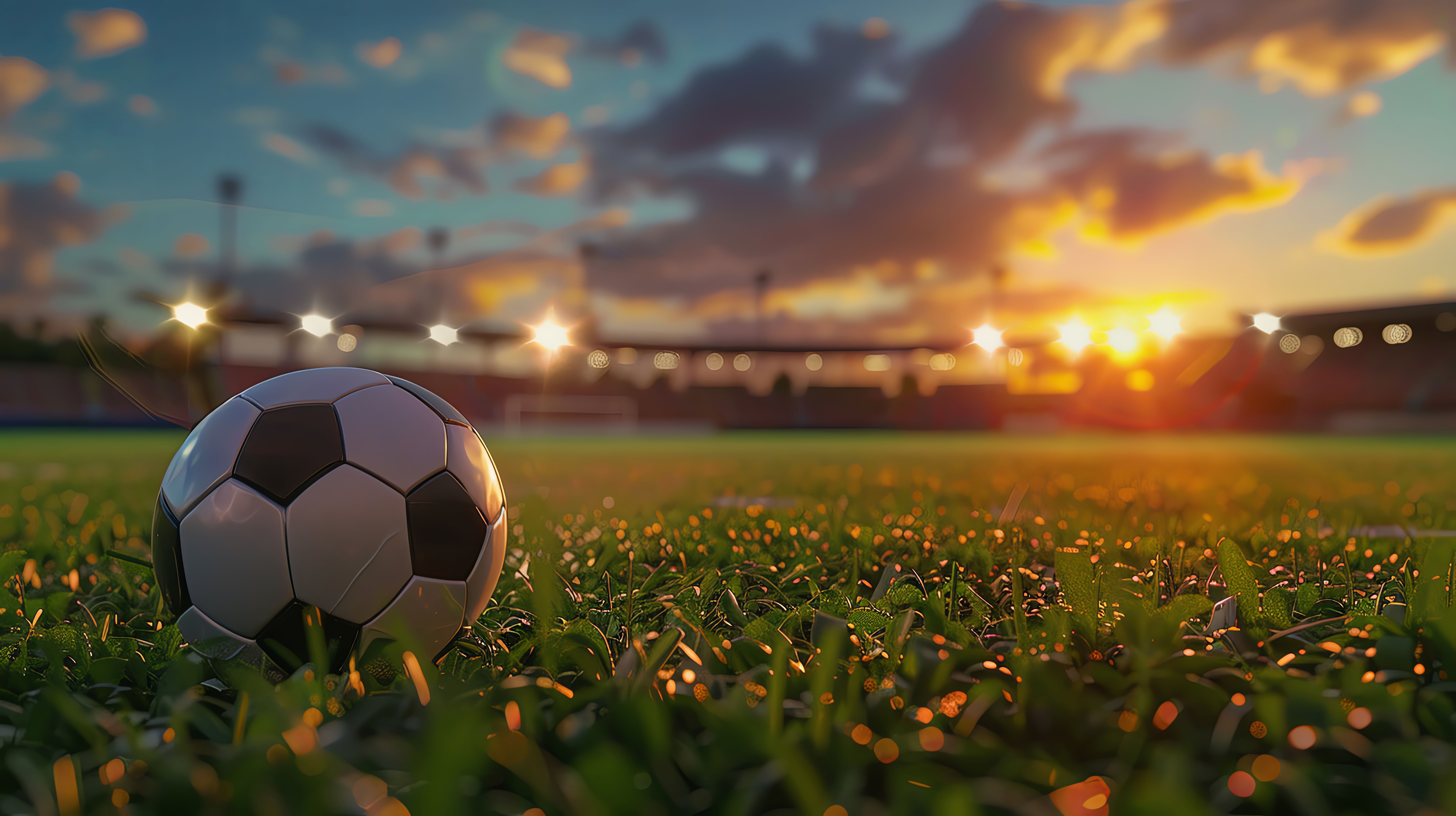 A soccer ball on the field of a stadium with lights at sunset in the background. This real photo is ultrarealistic and high resolution.