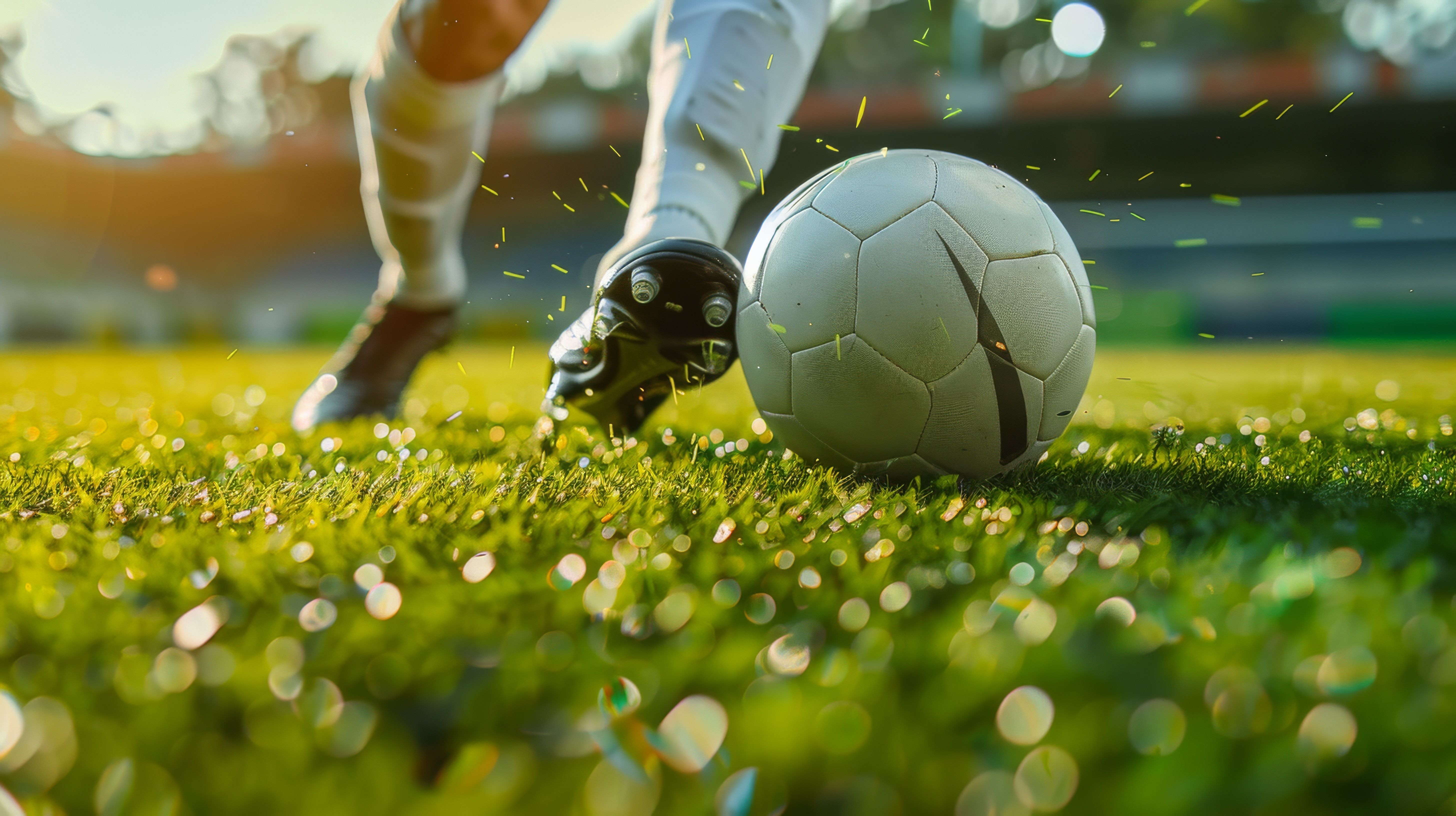 A soccer player is about to kick a white soccer ball on a green field