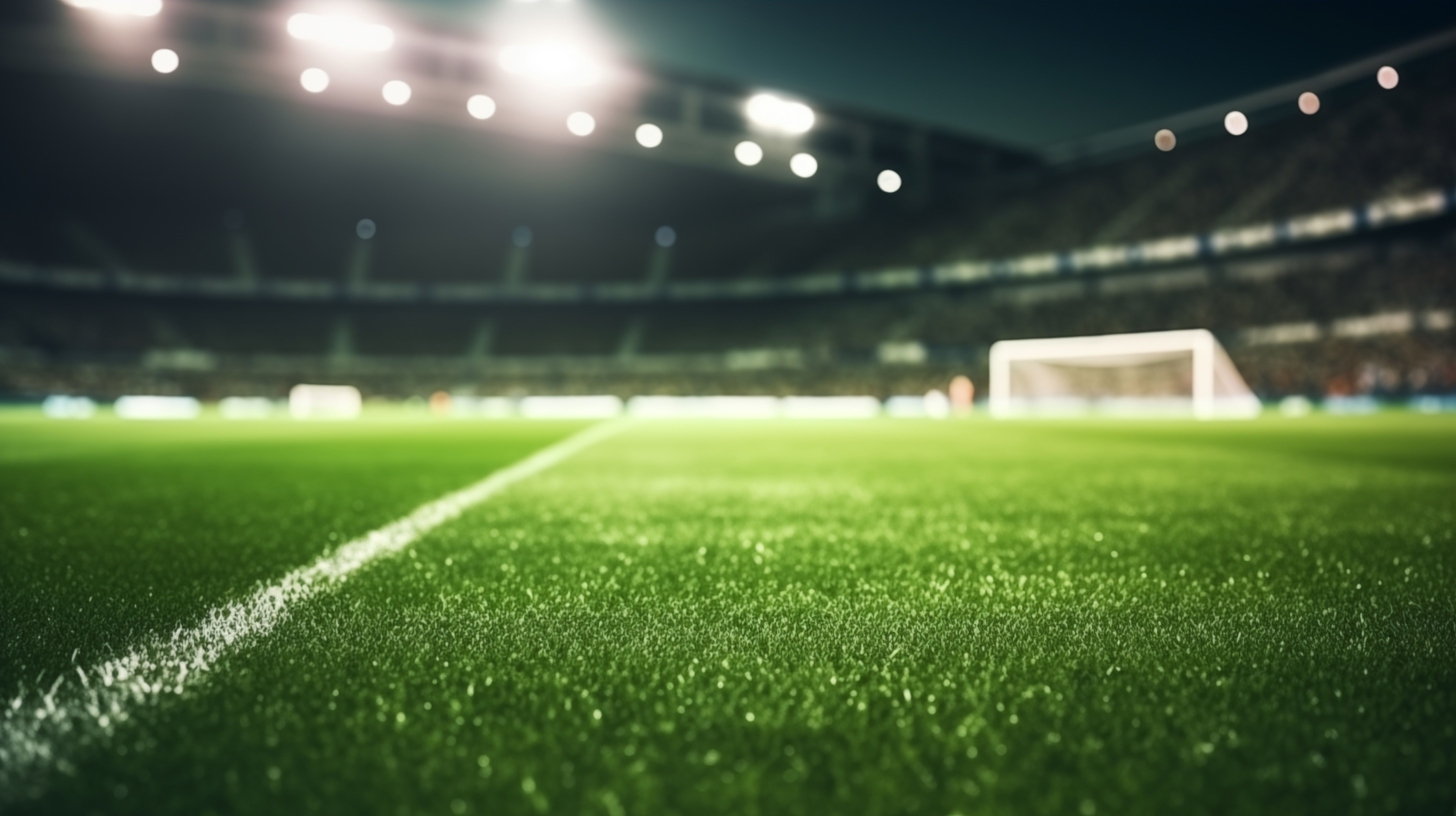 Grass close up in sports arena  on football soccer stadium with lights background . Ground view