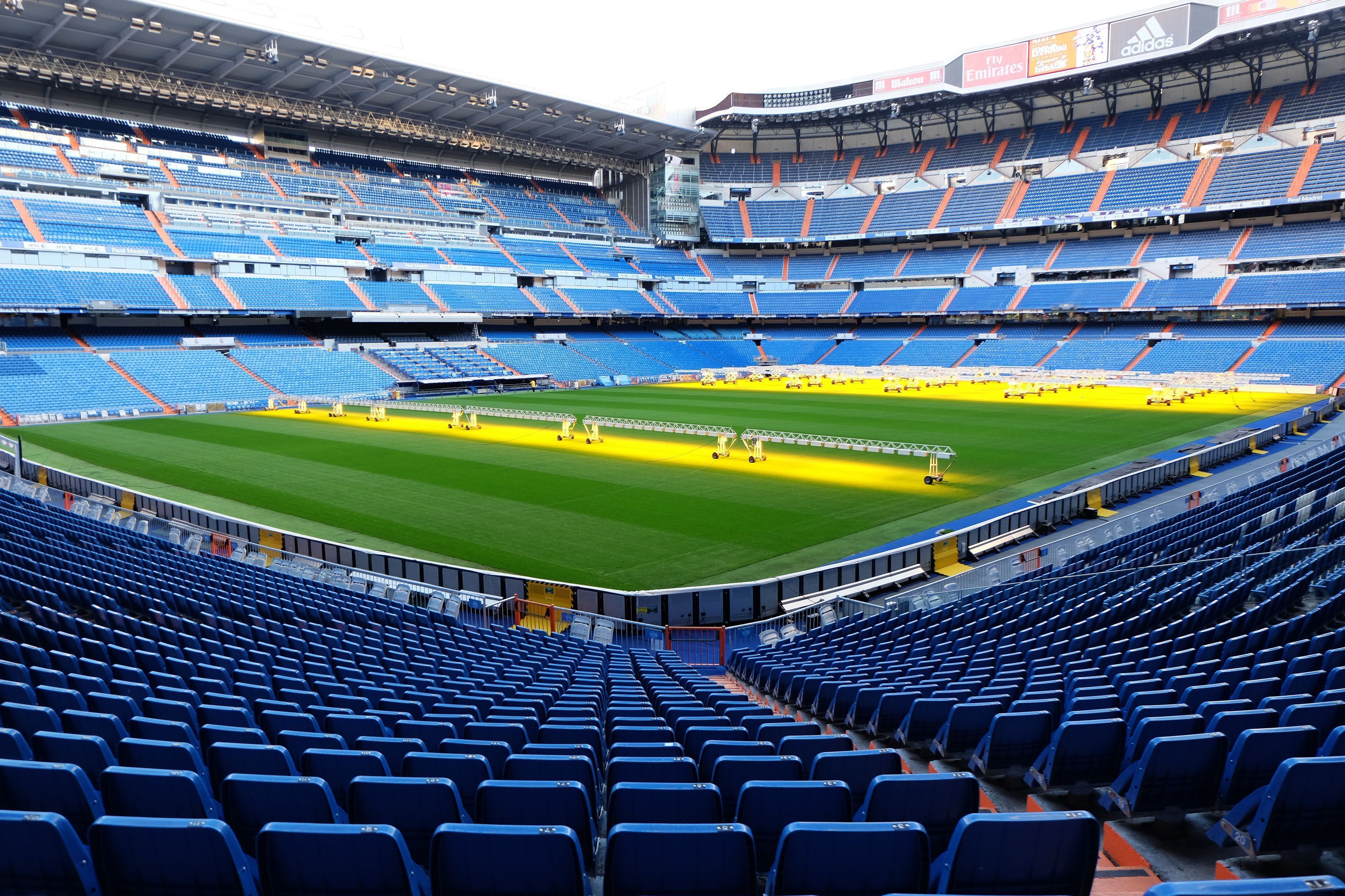 Exterior architecture and building design at 'Santiago Bernabéu Stadium' current seating capacity of 81,044, it has been the home stadium of Real Madrid, Spain