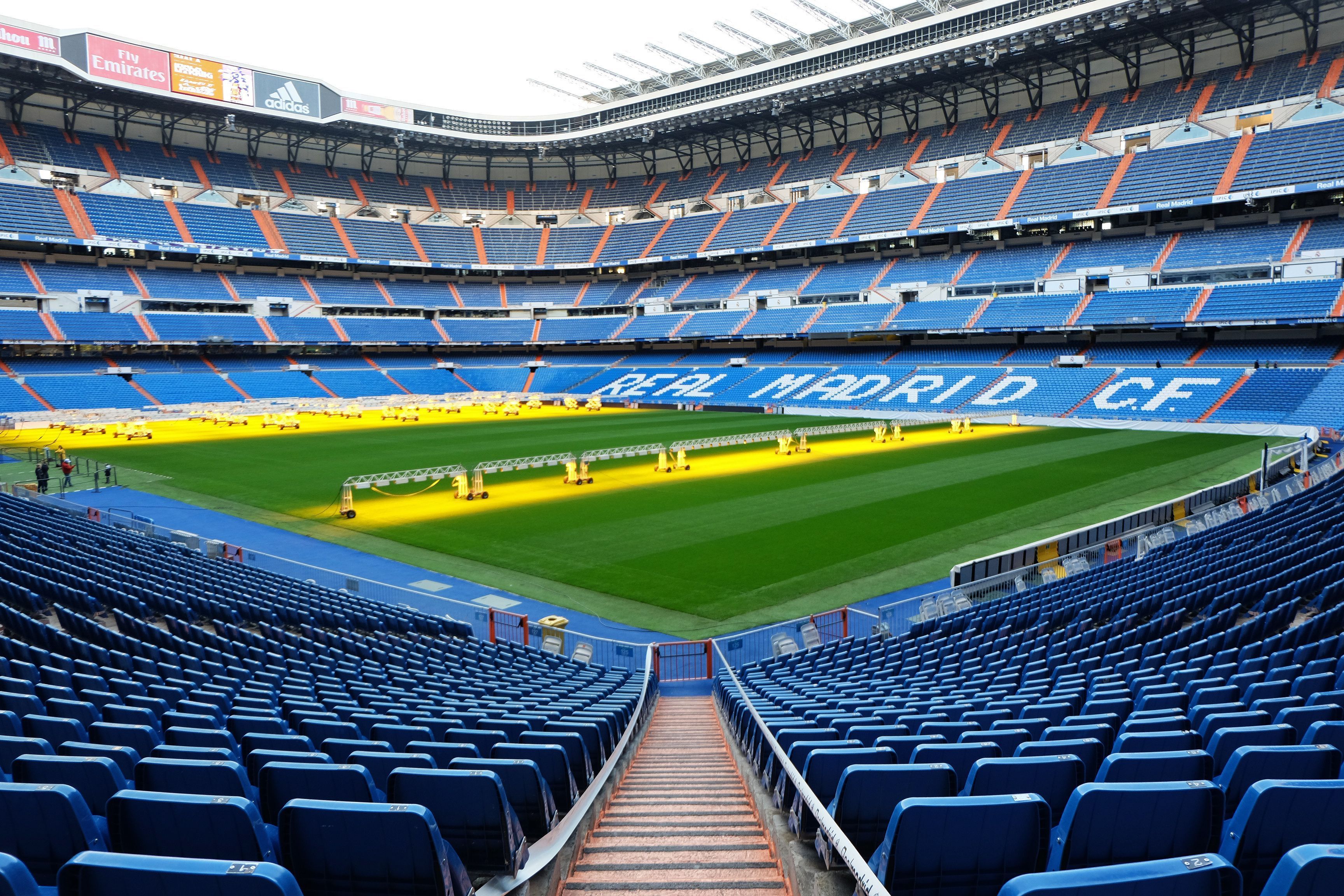 Exterior architecture and building design at 'Santiago Bernabéu Stadium' current seating capacity of 81,044, it has been the home stadium of Real Madrid, Spain