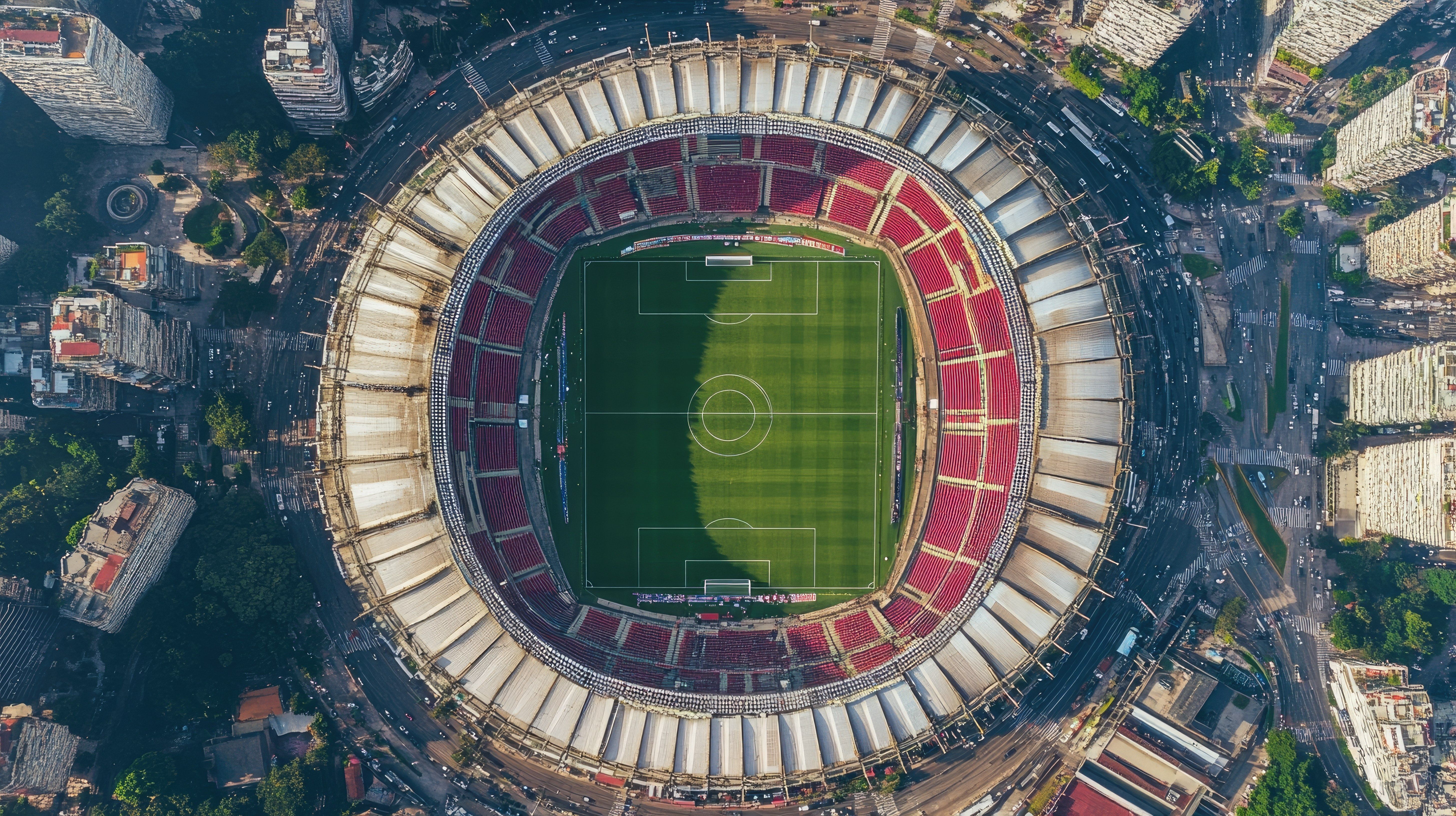 Sao Paulo Morumbi Stadium from above, during a football match, white background, space for text.
