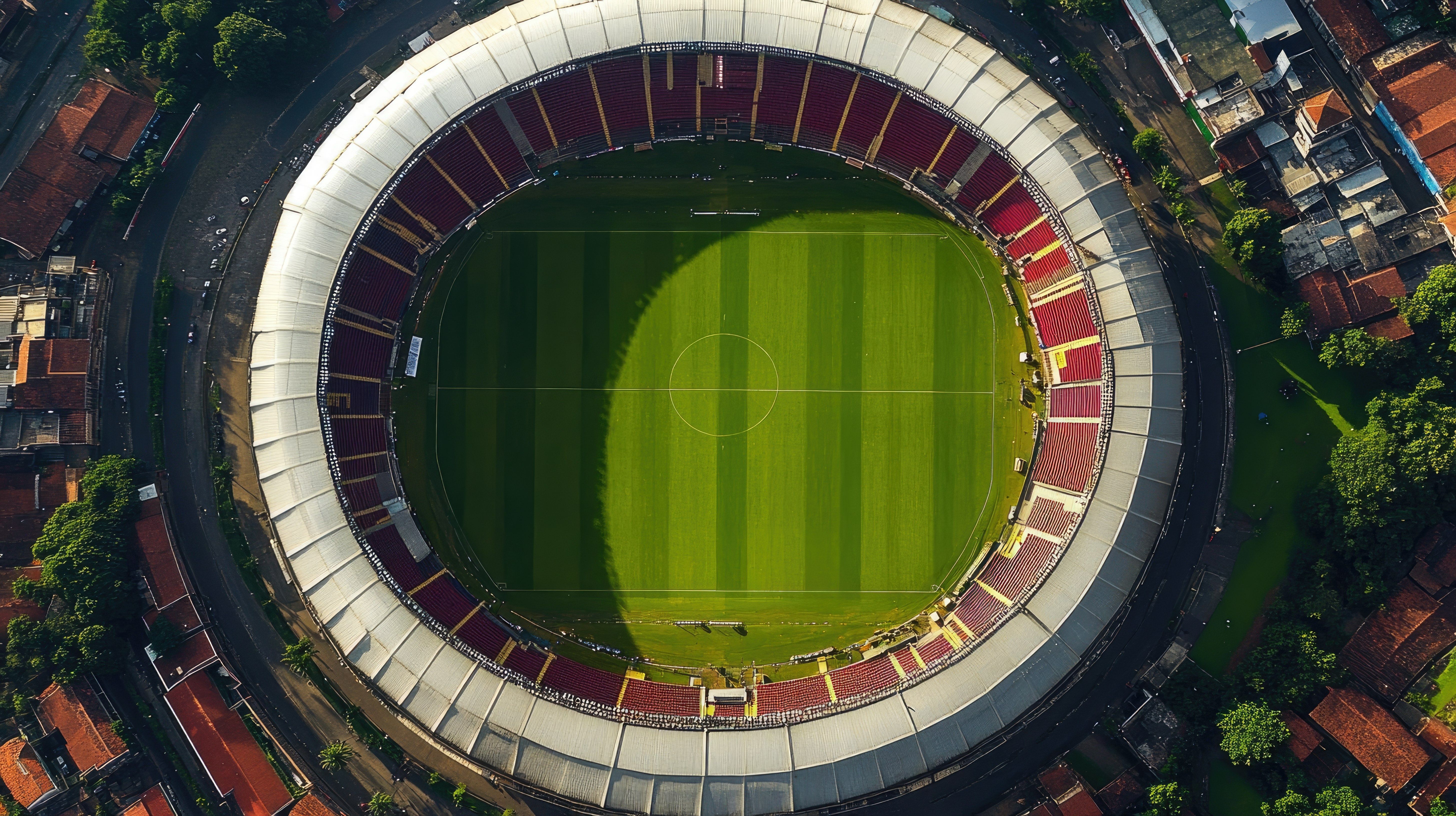 Sao Paulo Morumbi Stadium from above, during a football match, white background, space for text.
