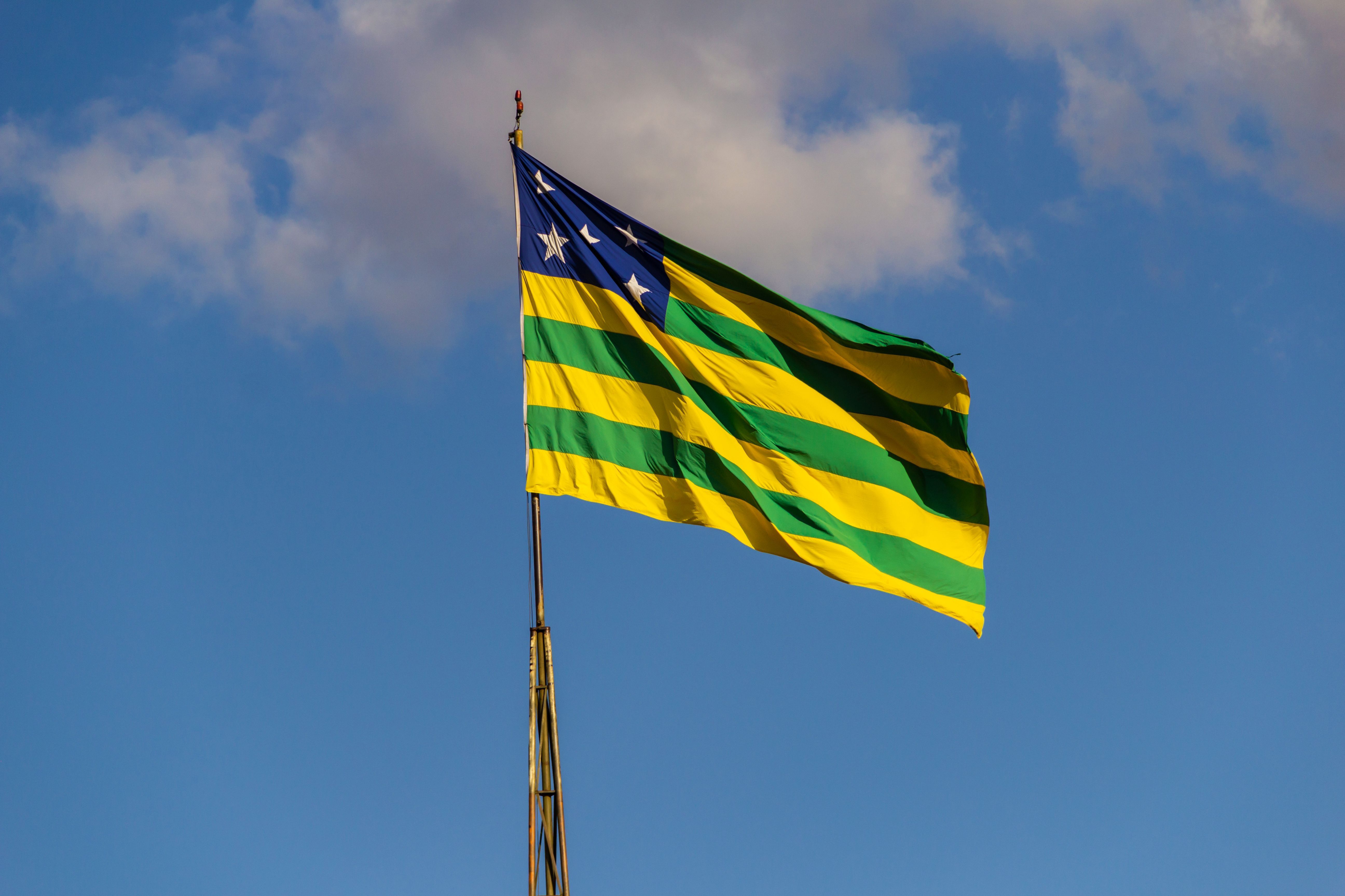 Uma bandeira do estado de Goiás balançando ao vento.