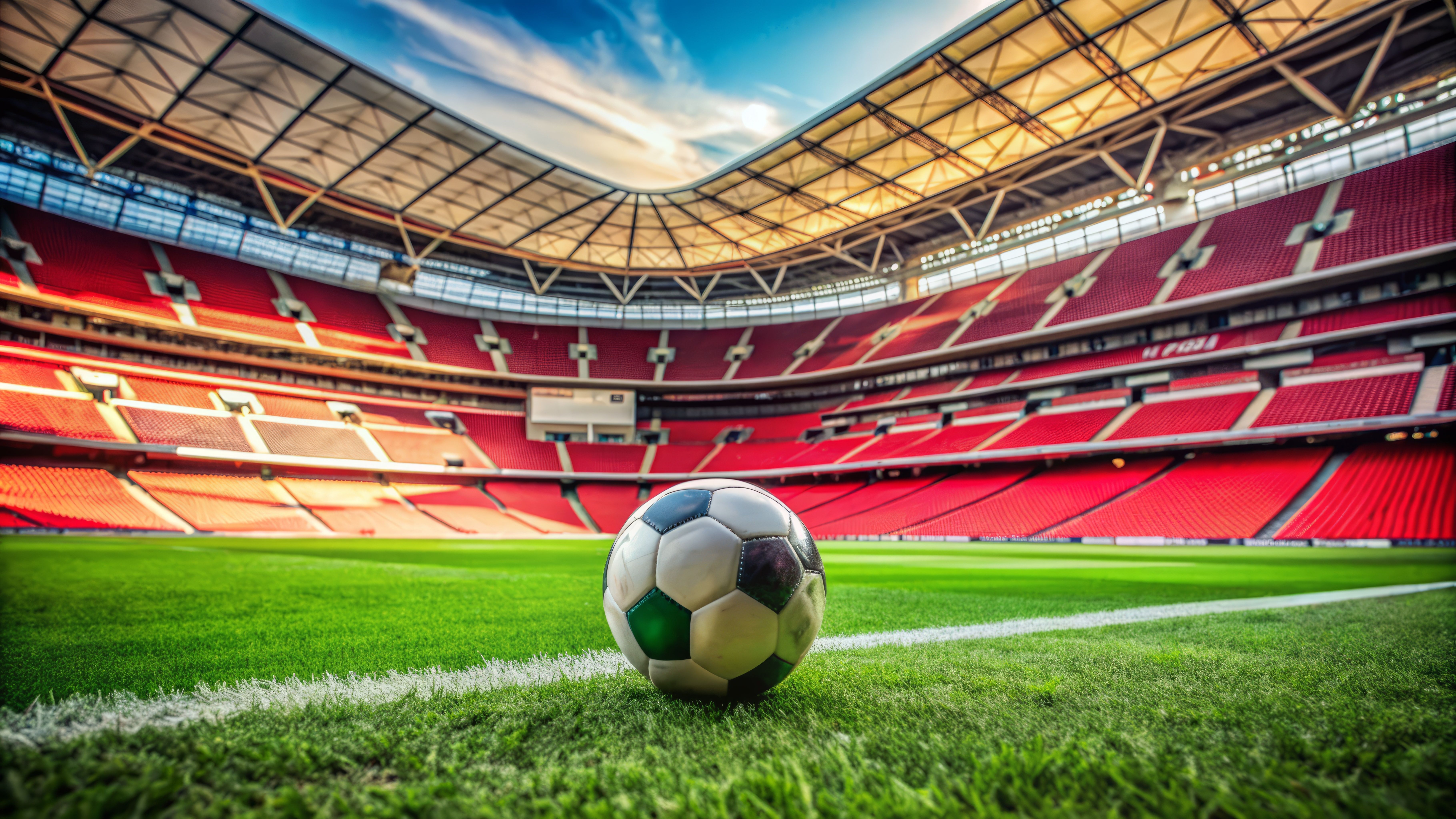 Empty Wembley stadium before kickoff, official ball lies on lush green grass, awaiting clash between Borussia Dortmund and Real Madrid.