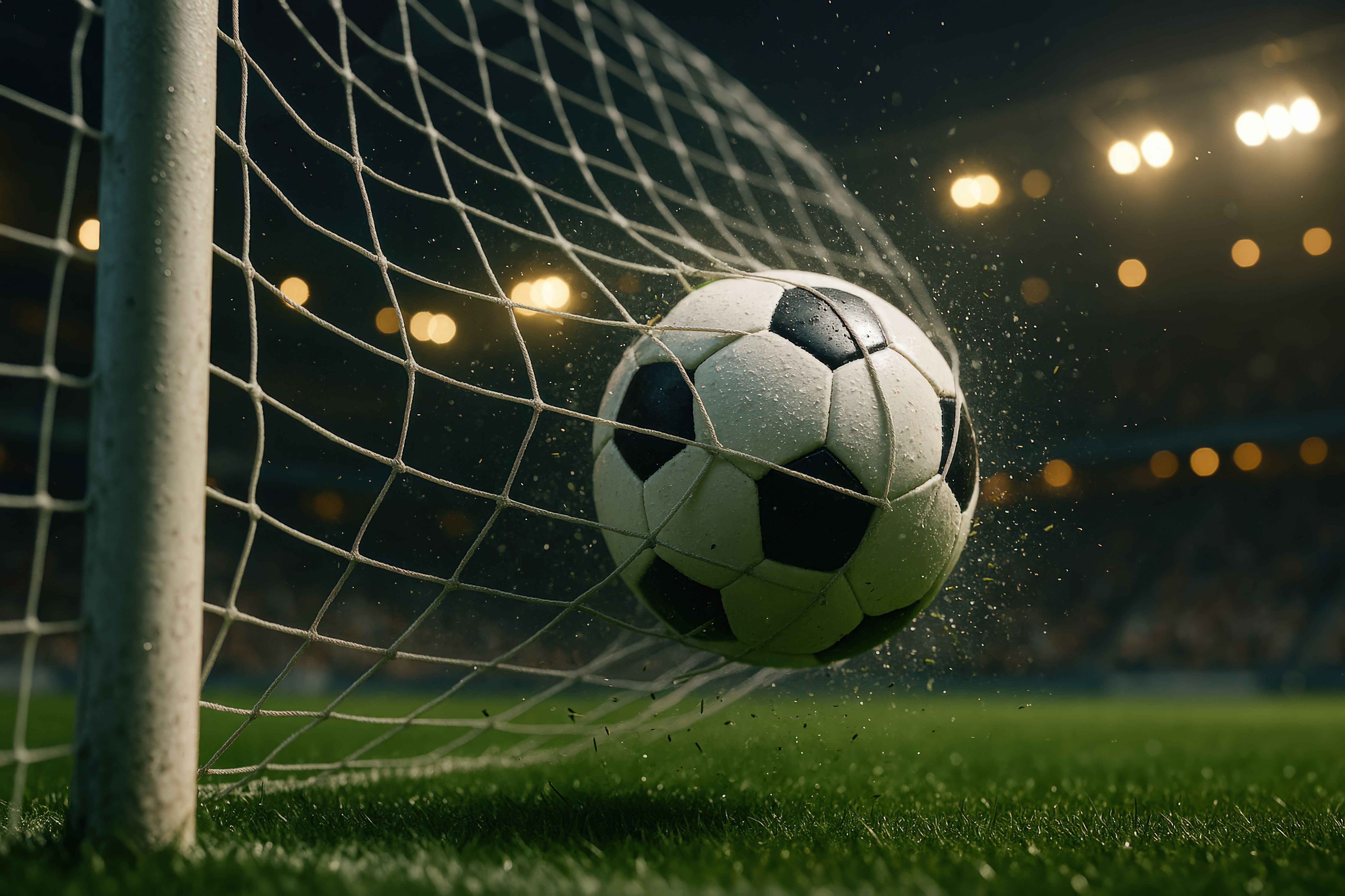 Soccer ball hitting the net in a stadium