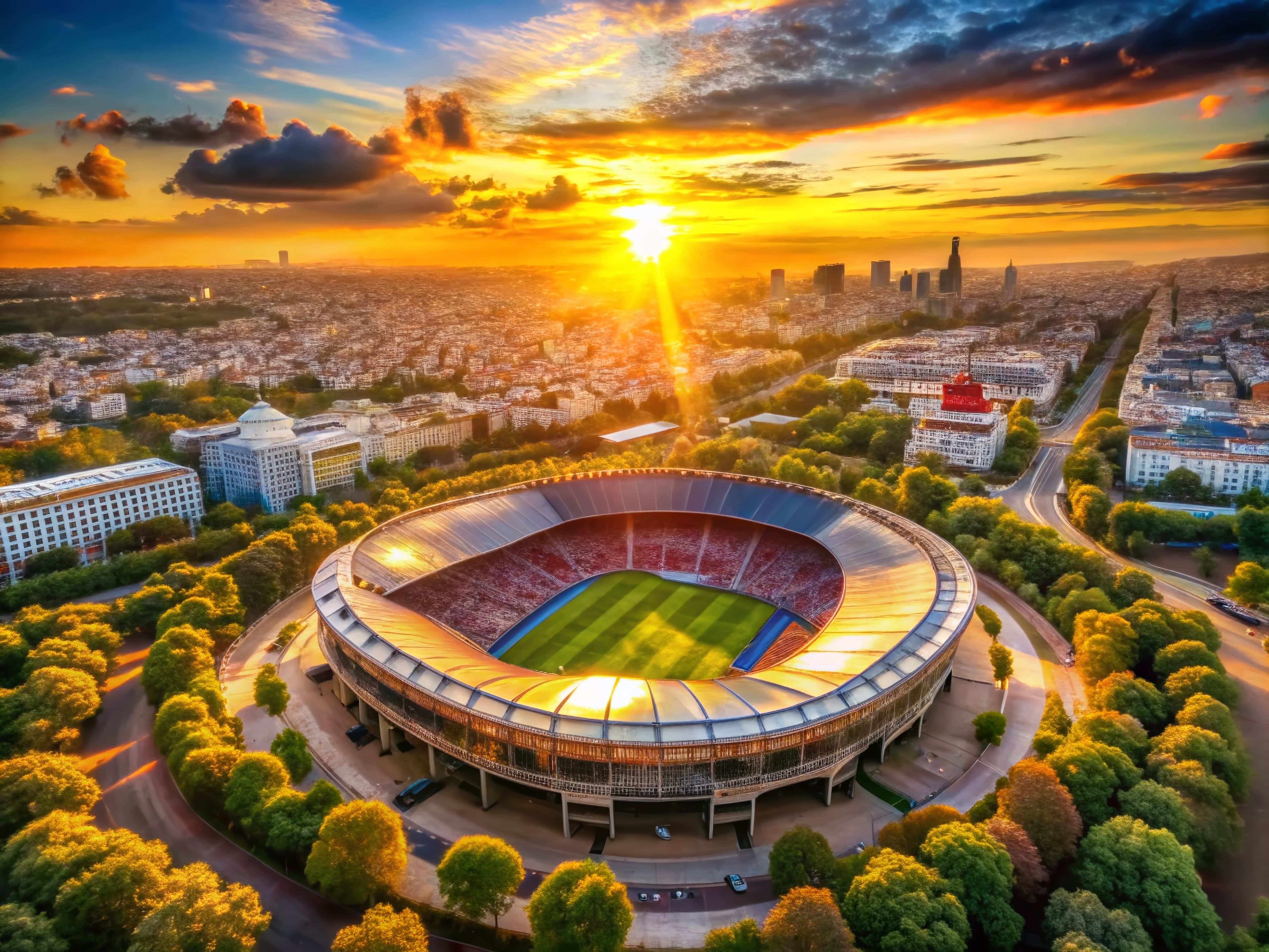 Paris Parc des Princes Sunset Stadium Aerial Hyperrealistic Photo