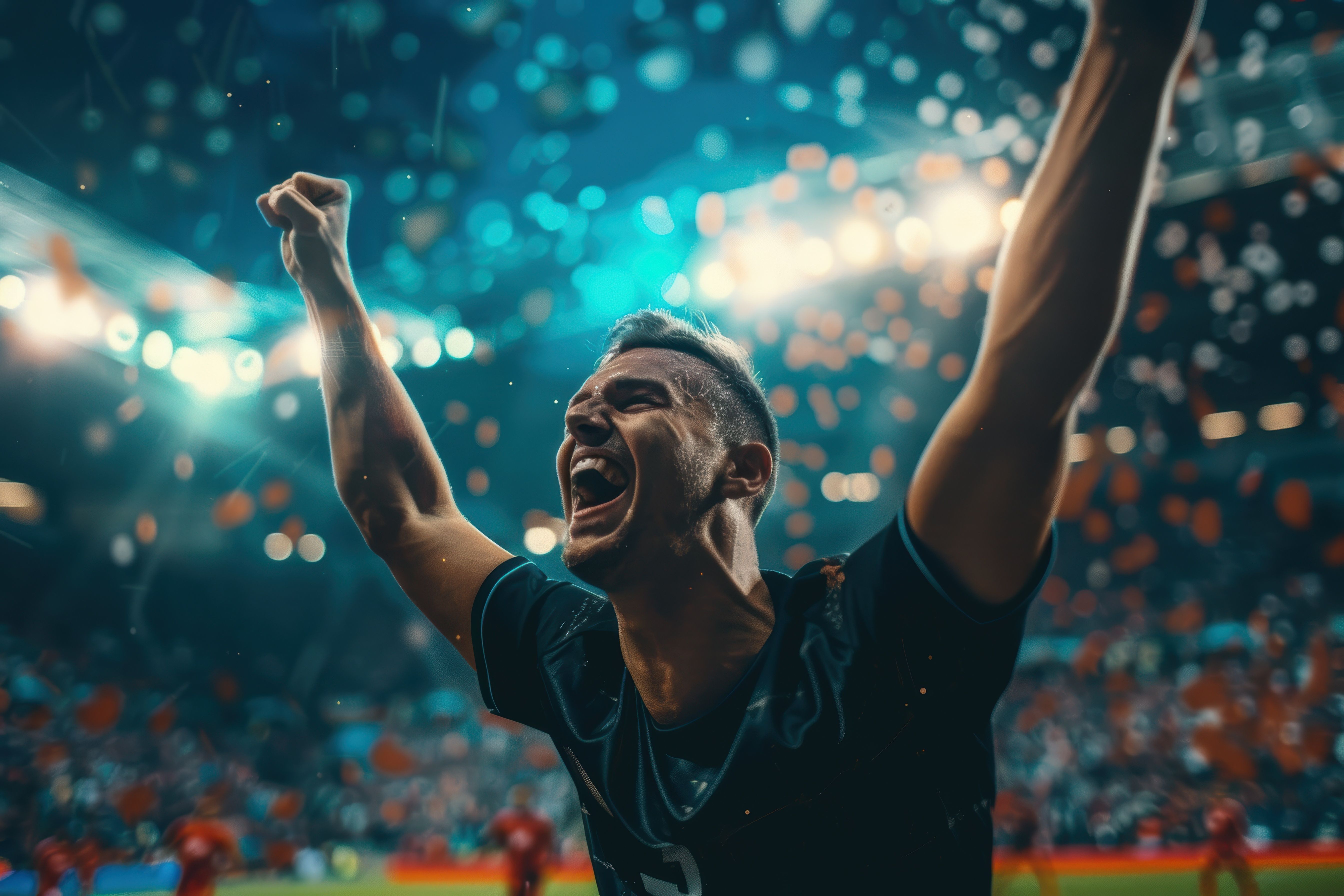 During an exciting championship game in a packed stadium under brilliant lights, a professional football player celebrates winning.