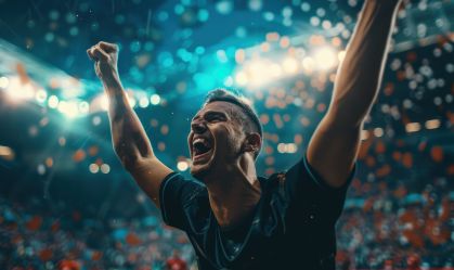 During an exciting championship game in a packed stadium under brilliant lights, a professional football player celebrates winning.