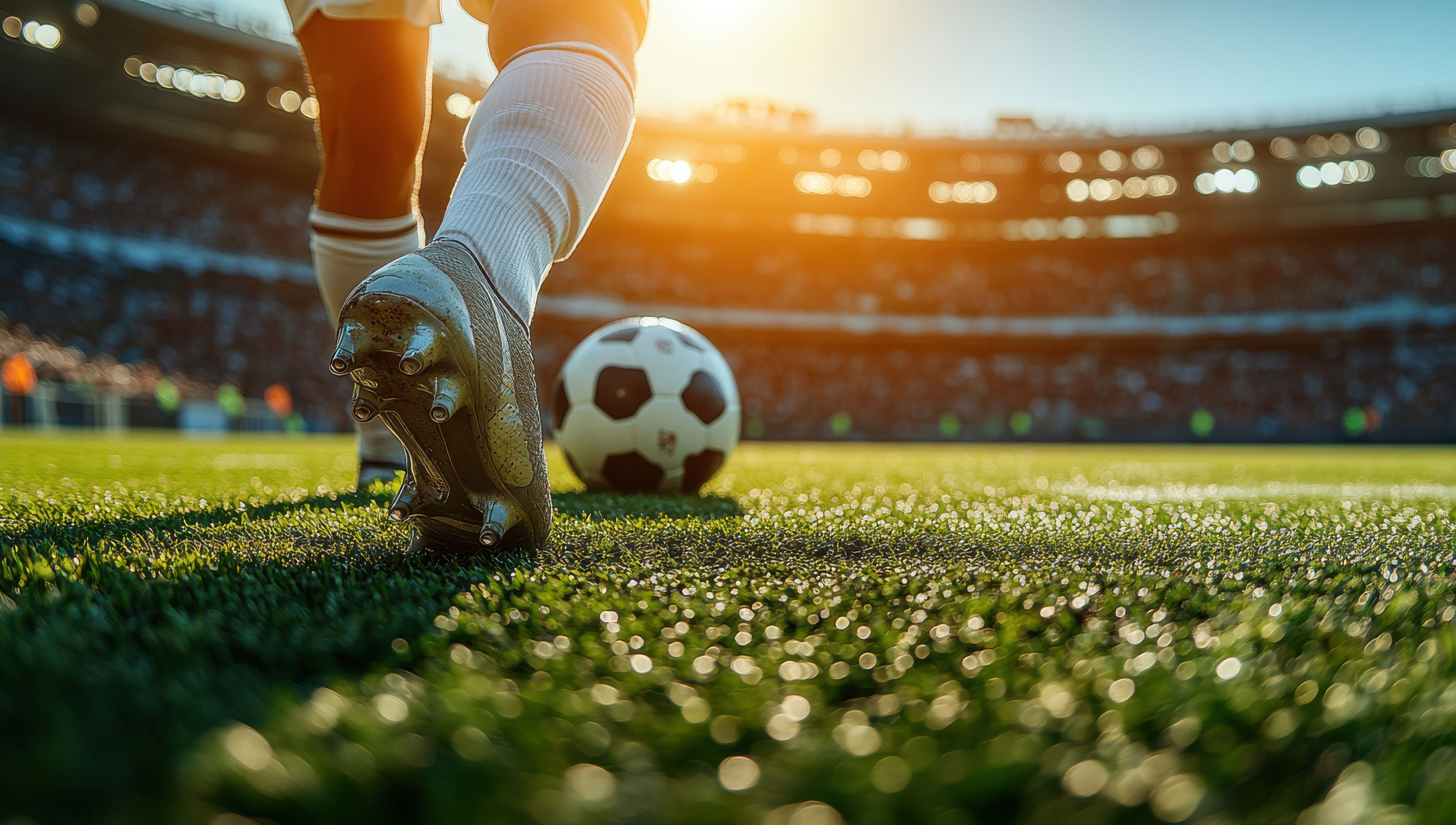 A soccer player kicks a ball on a field