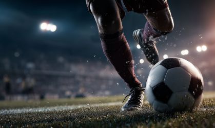 Close up of soccer player kicking football on stadium field, dynamic action shot, high resolution