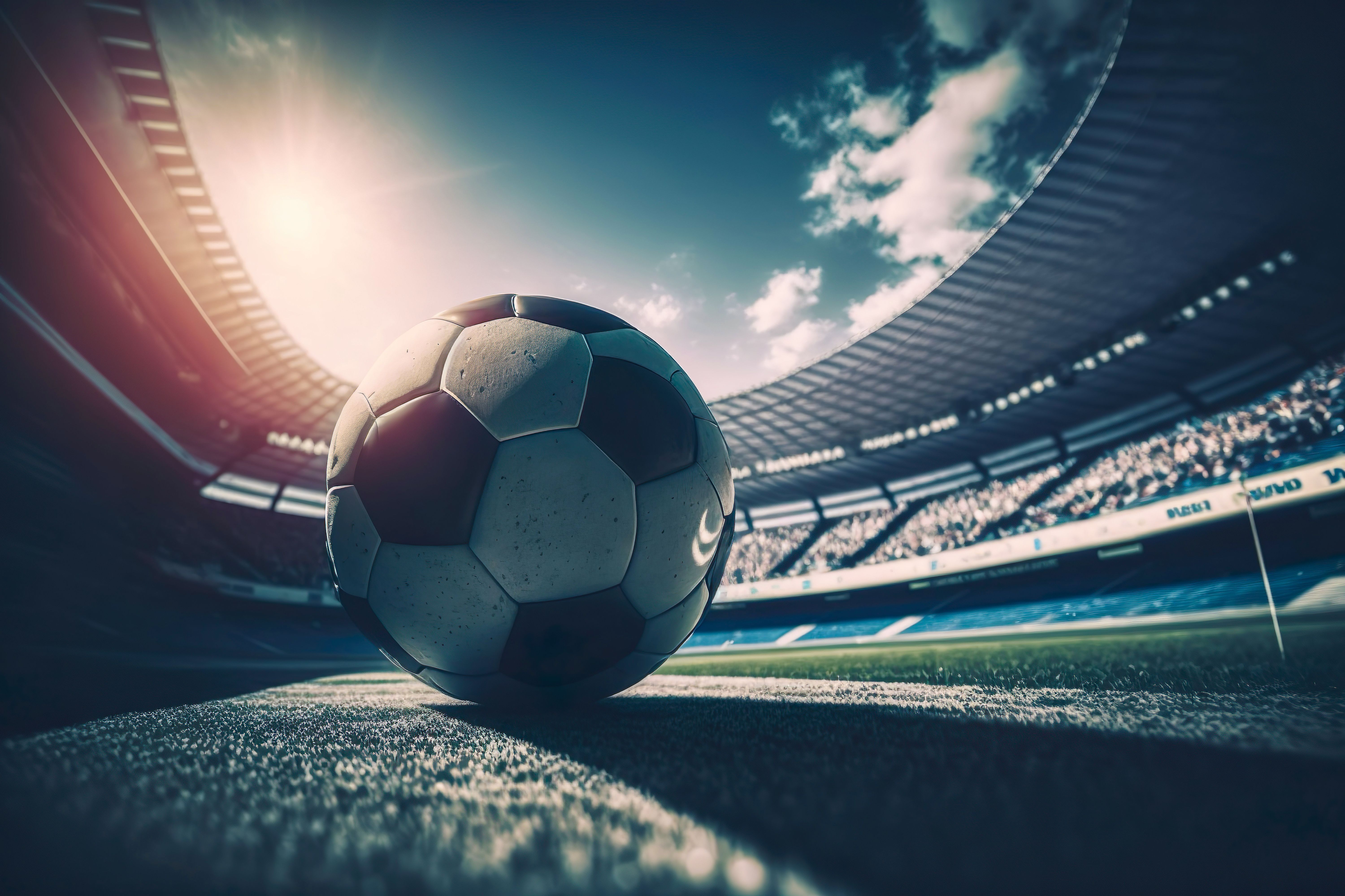 Soccer ball on the green field at soccer stadium , Generate Ai