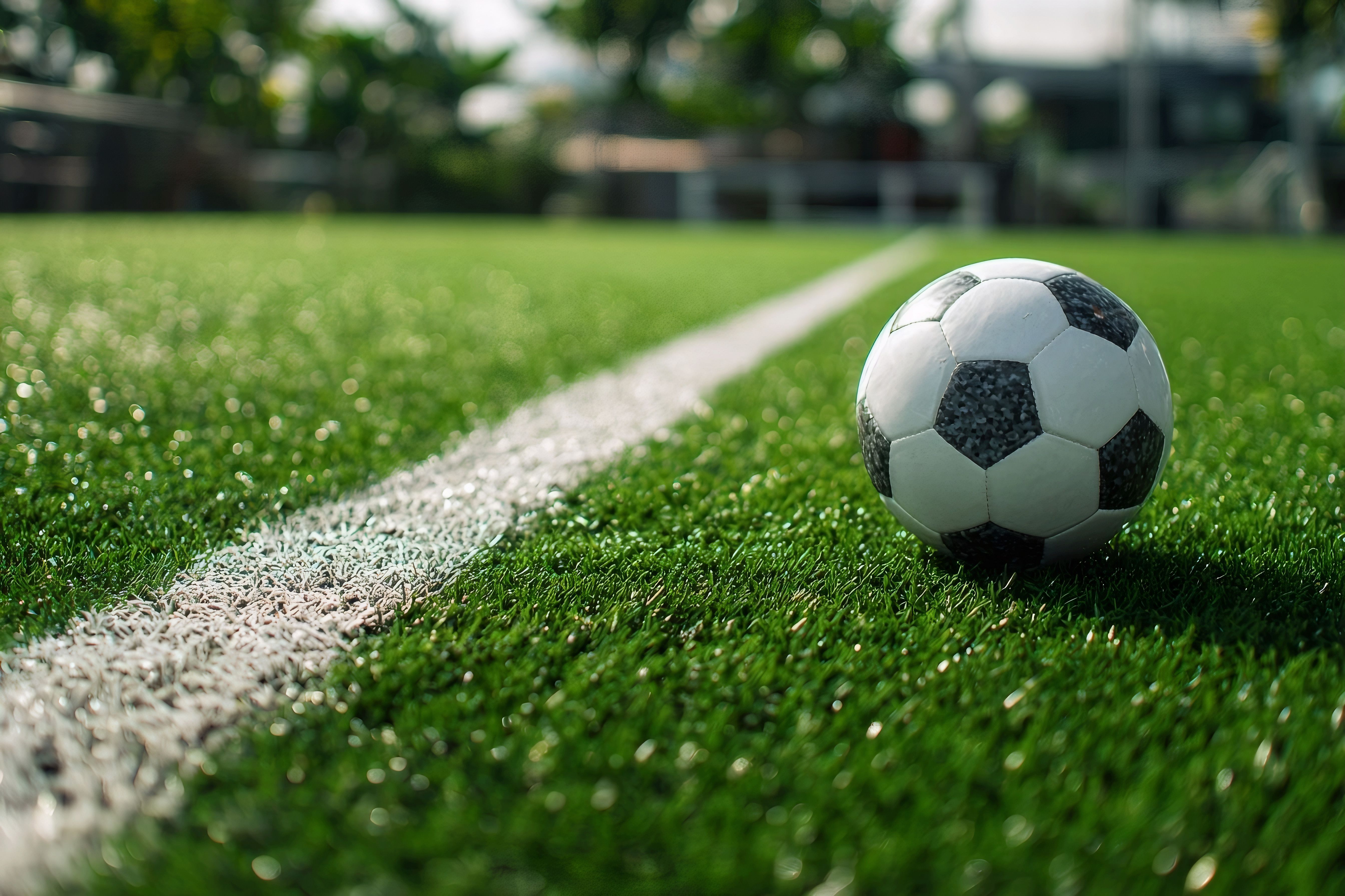 Soccer ball on a vibrant green pitch ready for play in a sunny afternoon Generative AI