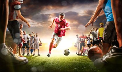 The multi sports collage including boxing, ice hockey, basketball, cycling, soccer, american football, fitnes, gym, baseball, volleyball with soccer player in the main role on the grand arena