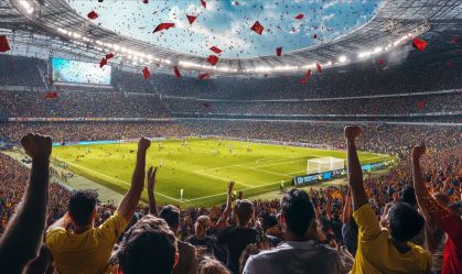 Fans enthusiastically cheering at a soccer stadium.
