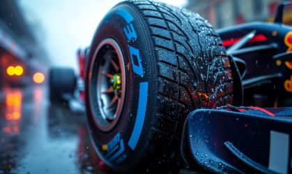Formula 1 car close up of the front tire - Generative AI