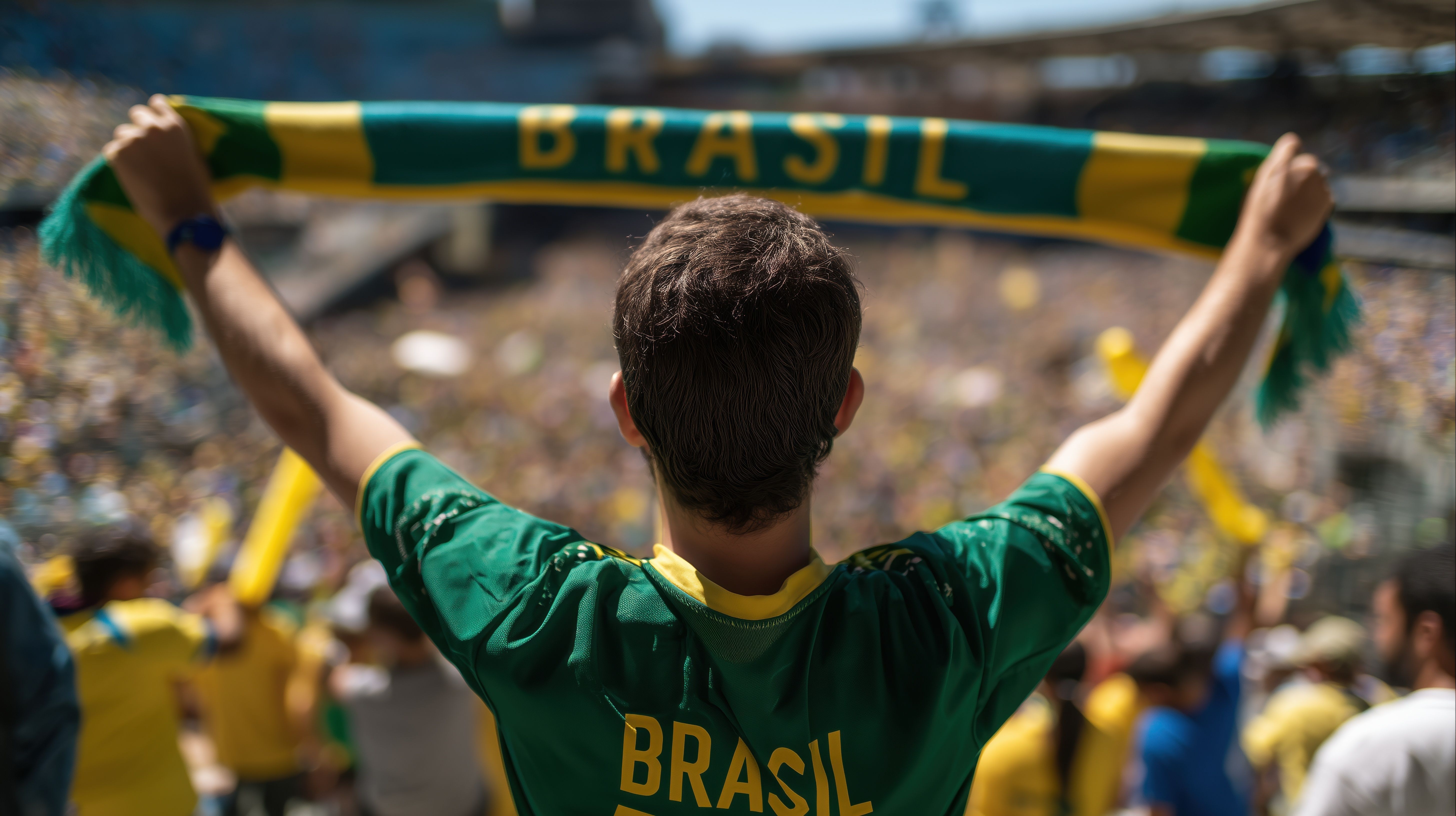 Soccer fan in Brasil jersey holds scarf at football world cup stadium