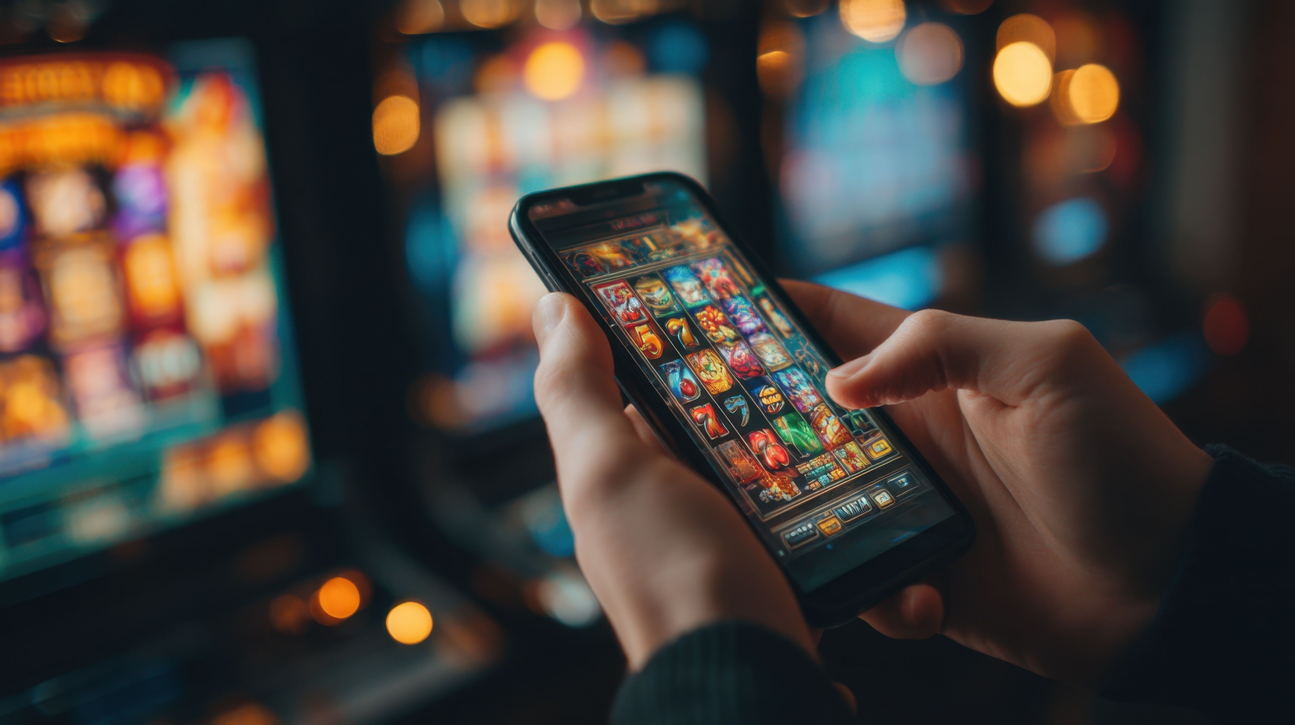 Person playing mobile slot games in a vibrant casino setting during evening hours