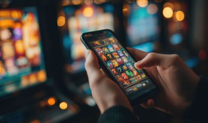 Person playing mobile slot games in a vibrant casino setting during evening hours