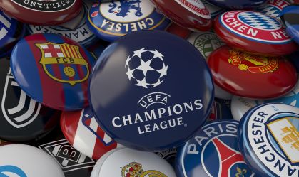 3d rendering of a badge with te Logo of UEFA Champions League surrounded by some badges of most important european football team