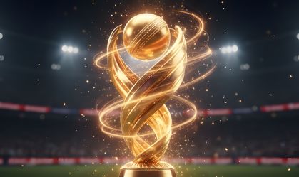 Golden FIFA World Cup Trophy Concept Glowing with Magical Light Streaks in a Dark Stadium